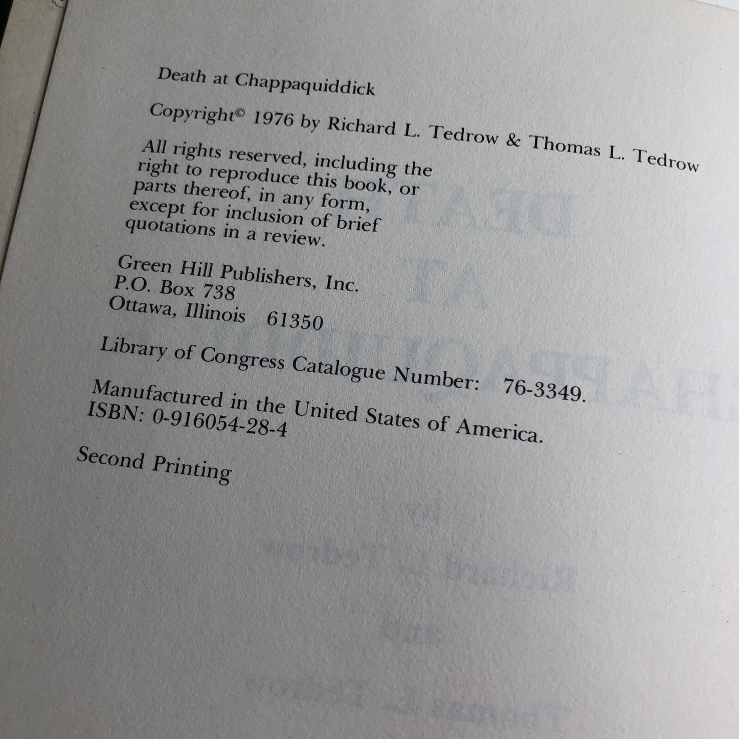 Death at Chappaquiddick by Tedrow, Richard L. & Tedrow, Thomas L. 1976 HB