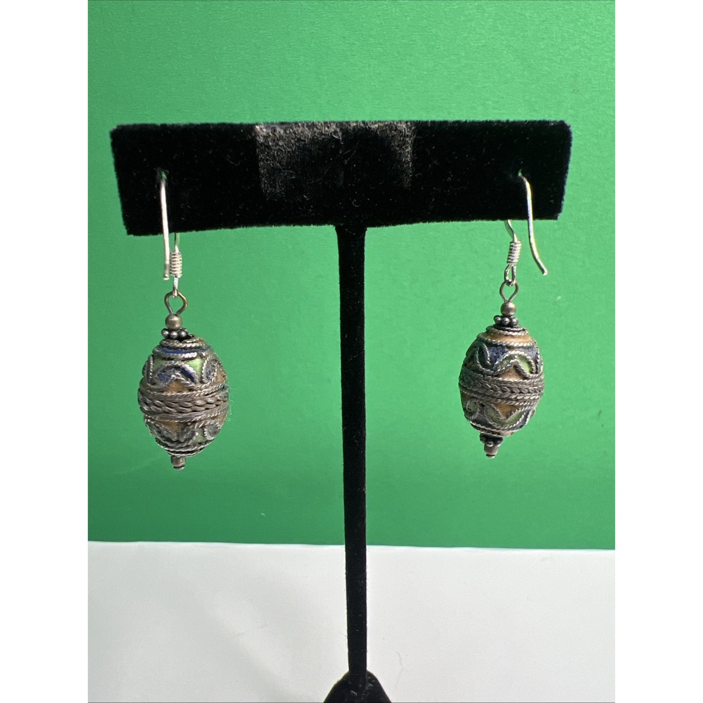 Vintage Cloisonné Enamel Silver Dangle Earrings French Wire