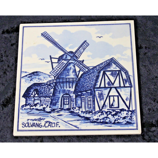 Vintage Blue Delft Ceramic Tile- Solvang, California Windmill Country Farm 6x6"