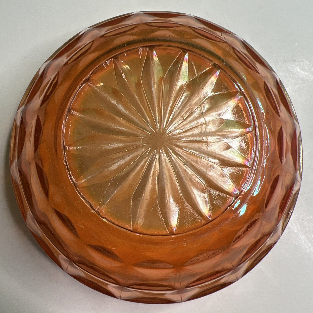 Marigold Carnival Glass 4” Berry Bowl With Block Design Clear Starburst Bottom