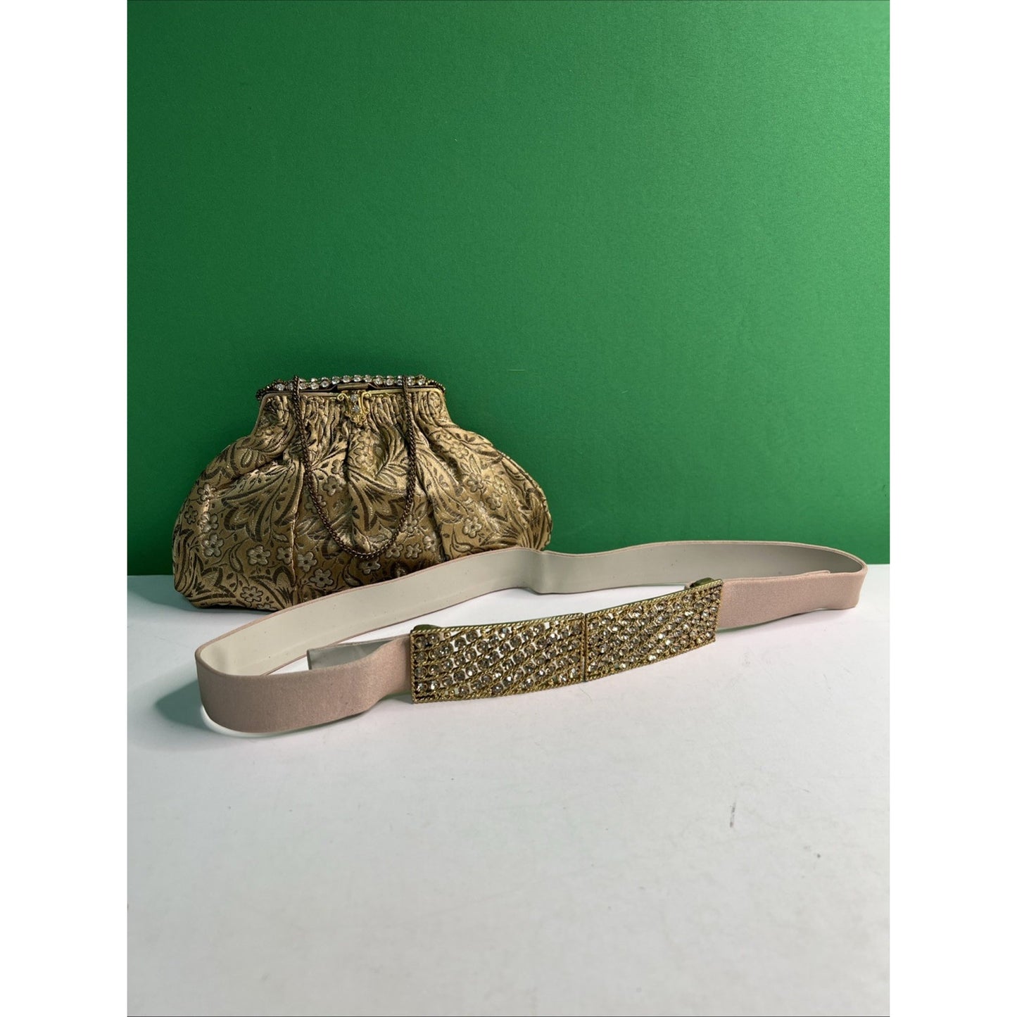 Frances Hirsch France Gold Brocade & Rhinestone Clutch Purse With Matching Belt