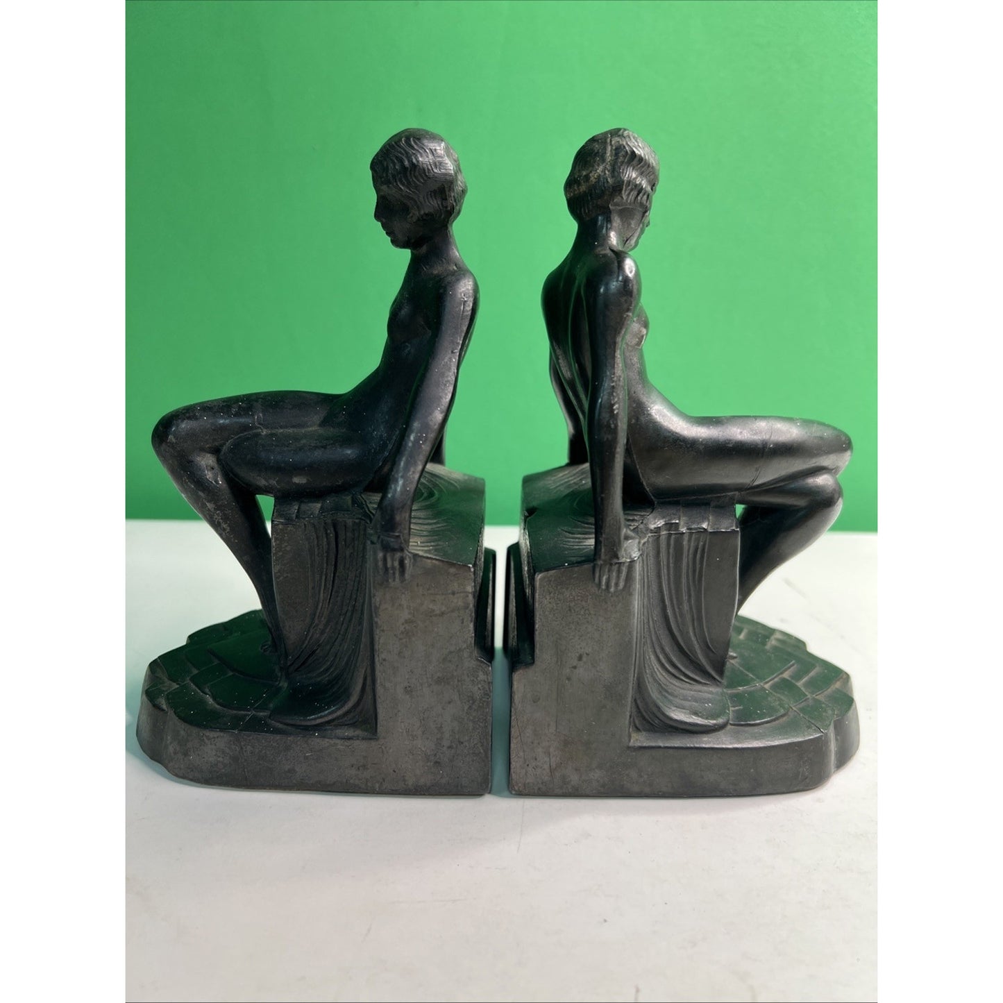 Art Deco 1930's Pair of Nude Flapper Girls Spelter Metal Bookends