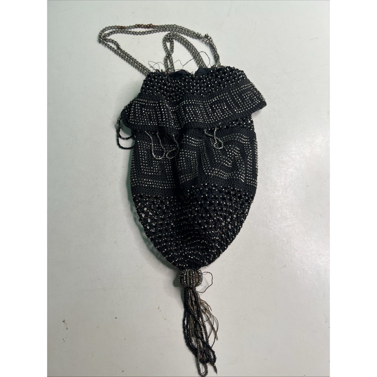 Antique Black & Silver Steel Bead Fringe Flapper Purse Greek Key NEEDS REPAIR