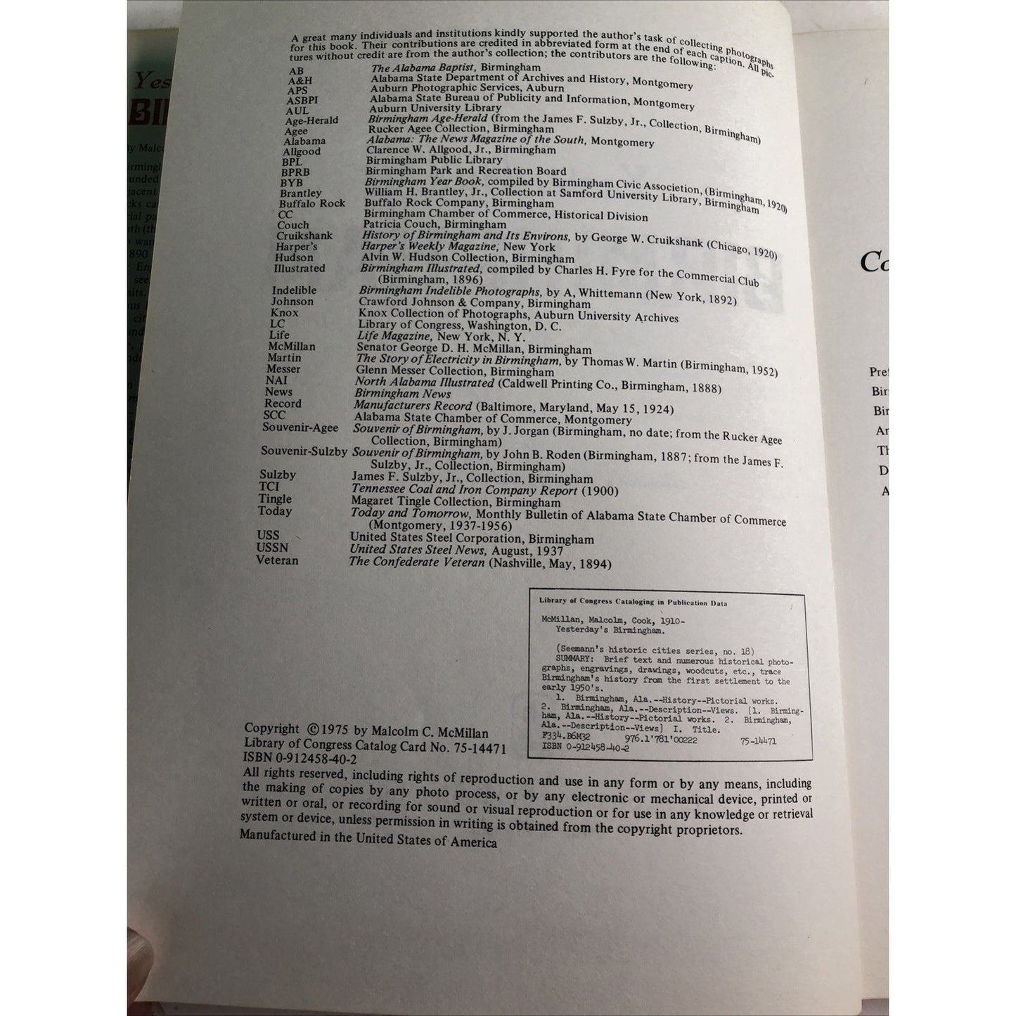 Yesterday's Birmingham by Malcolm C. McMillan Historical Book w/ Pictures 1975