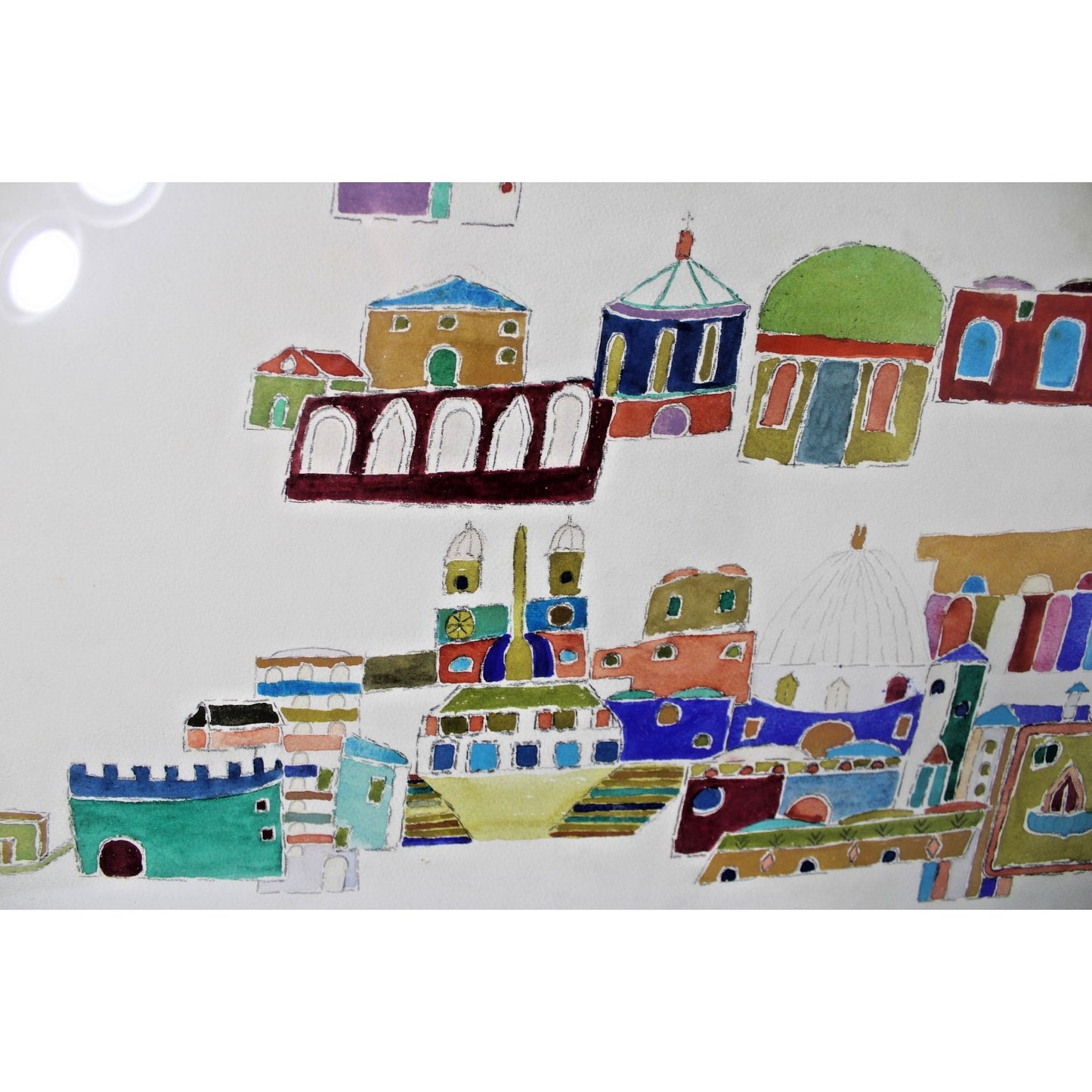 Large Primitive Watercolor "Village Home" by Clara Shepard, Willoughby Institute