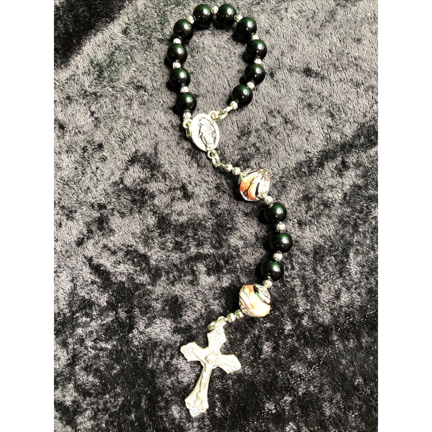 Small Auto Pocket Rosary Glass Beads Italian Charm Cross 7” Long