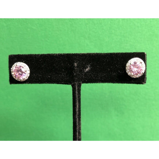 Pair Of Fashion Earrings Pink Center Stone Surrounded By Clear Stones