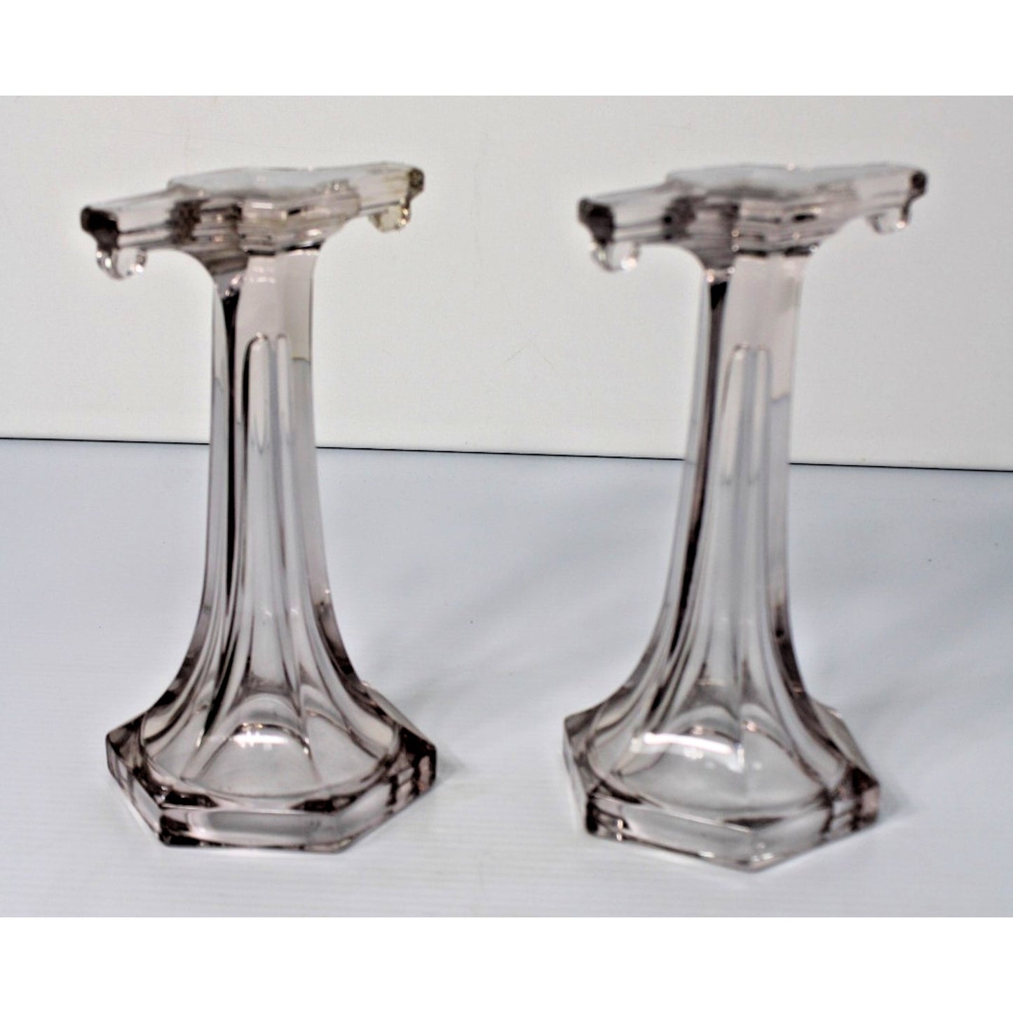 Antique Clear Glass Shelf Risers, Pedestals, Store Display Columns Pair 9"H