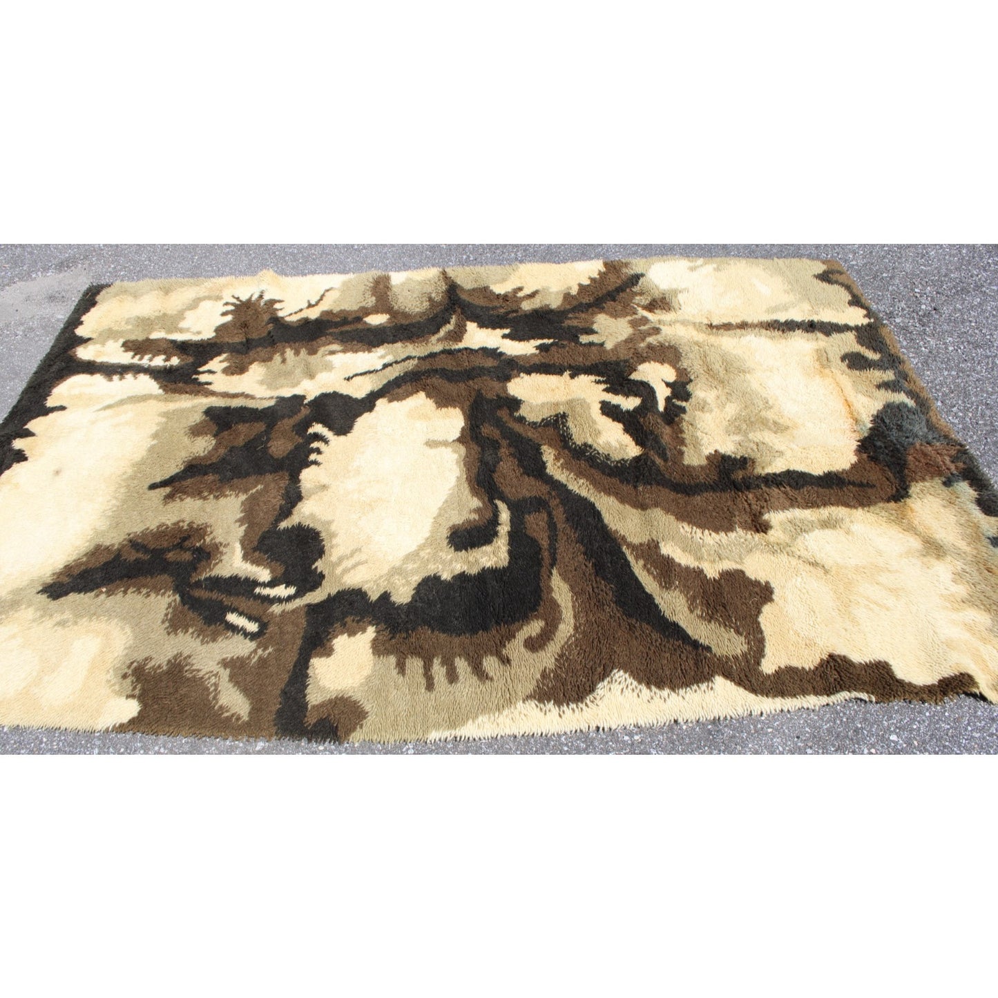 1970s Danish Modern Wool Rug by Ege Rya- 6' x 9' Tan Brown Shag Abstract Groovy