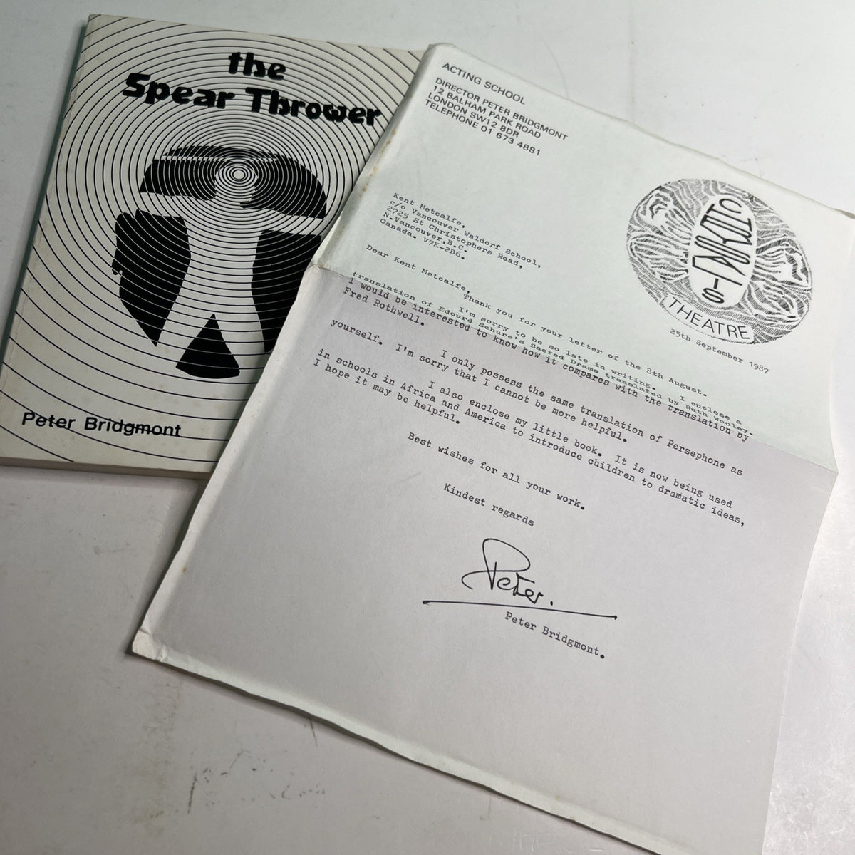 1983 PB The Spear Thrower by Peter Bridgmont Ideas For Actors Letter From Author