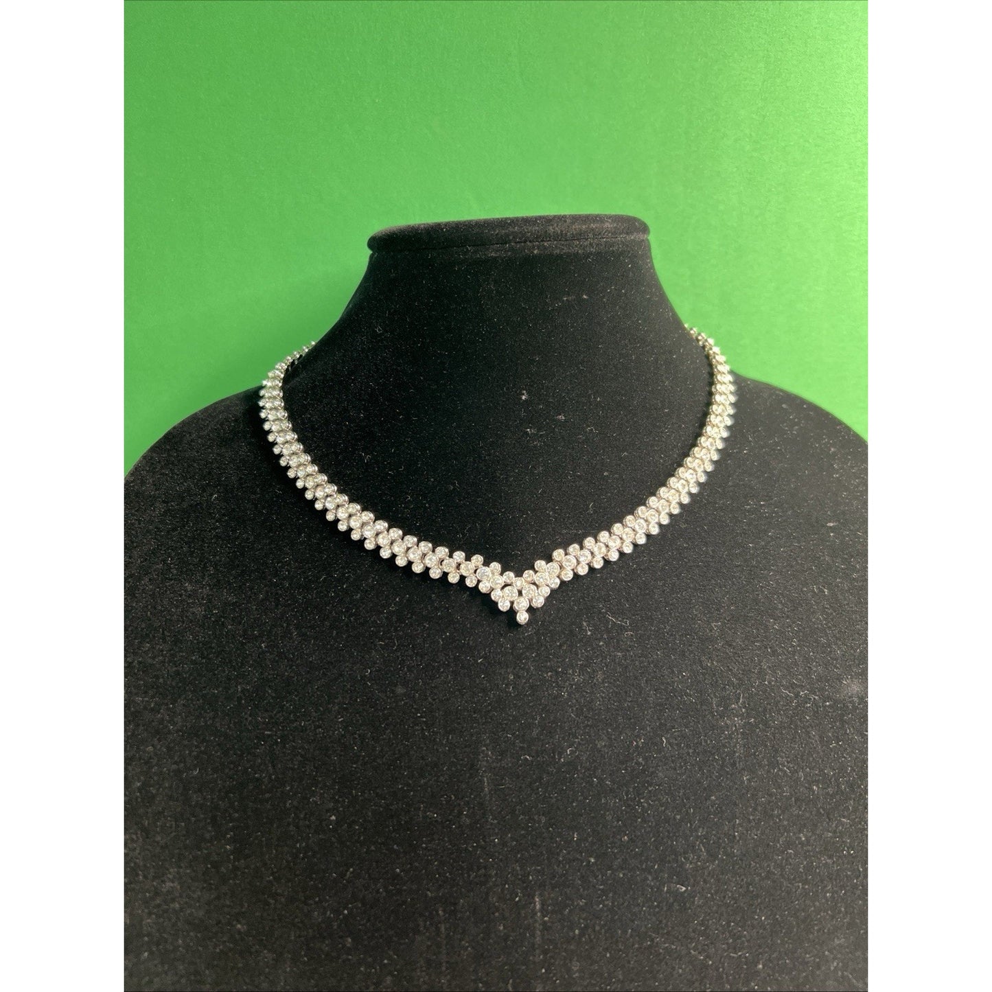 Bezel Set Rhinestone Collar Necklace Triple Layer V Drop 15” Long w/4” Extender