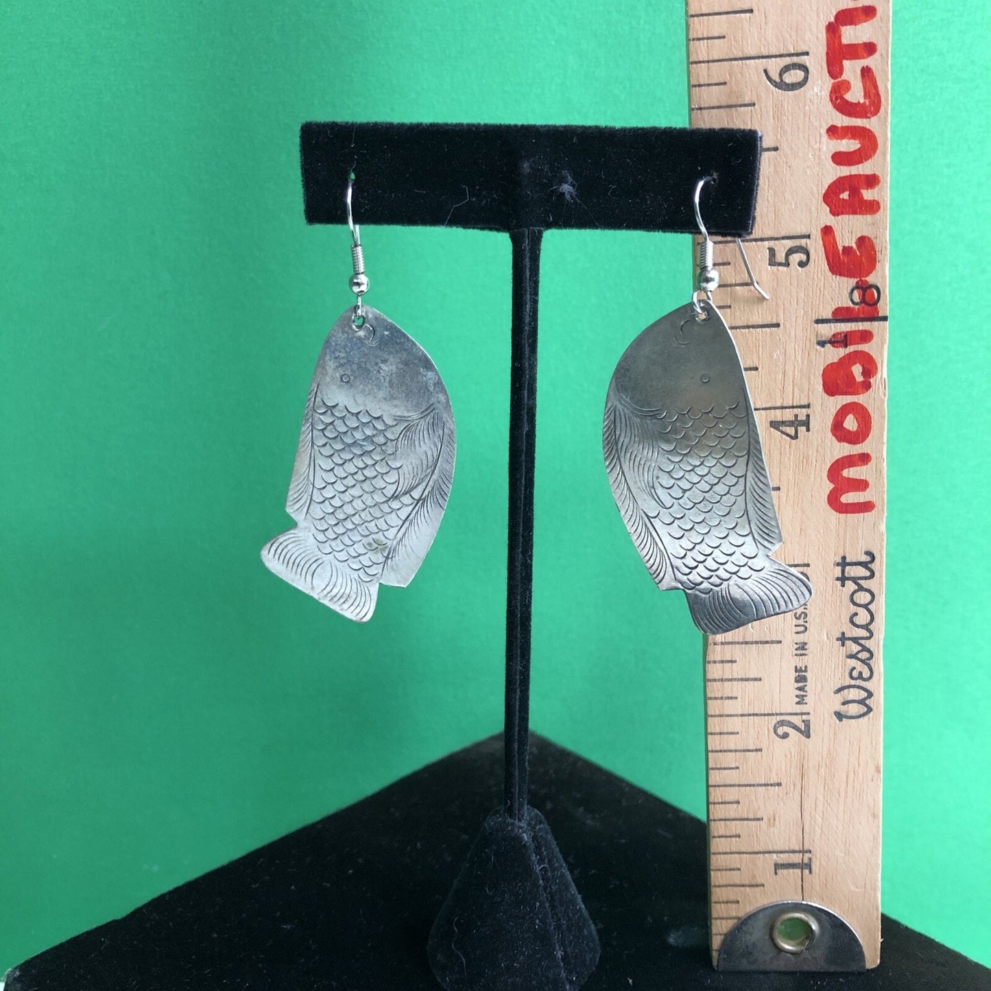 Vtg Mexican Silver FISH Dangle Drop Earrings Pierced Hook Wire Stamped Detail