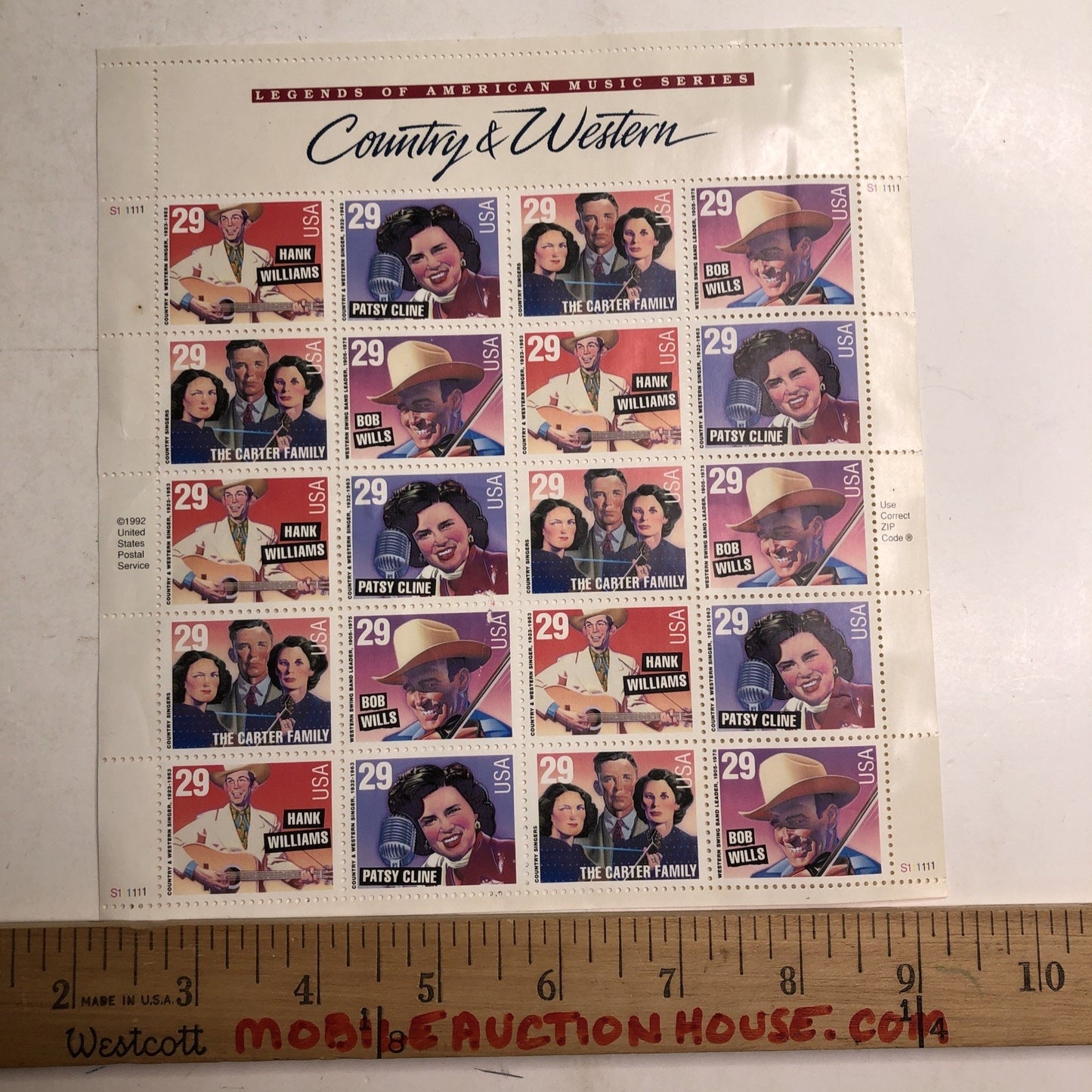 US Postage Stamps Country & Western Sheet of 20 1992 29 Cents Patsy Cline Hank