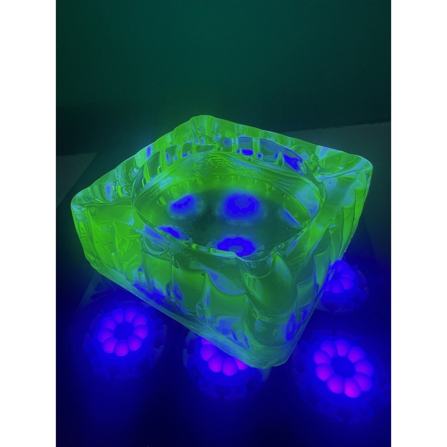 Vintage 4x4 Uranium Glass Ashtray Heavy Depression Green Glows Bright Tobacciano