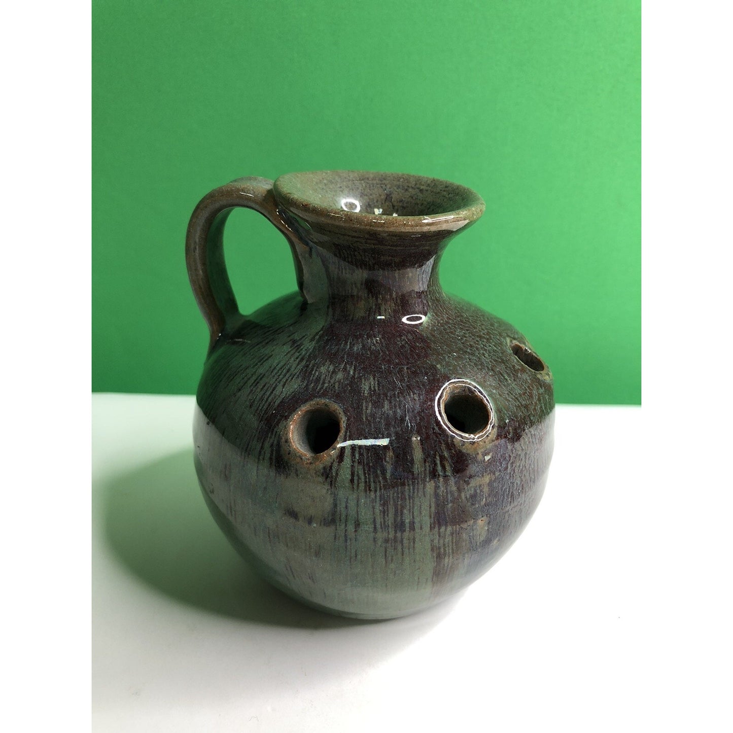 Vintage HAND MADE Studio Art Pottery FLOWER FROG JUG Vase Glazed Holes 4.5” High