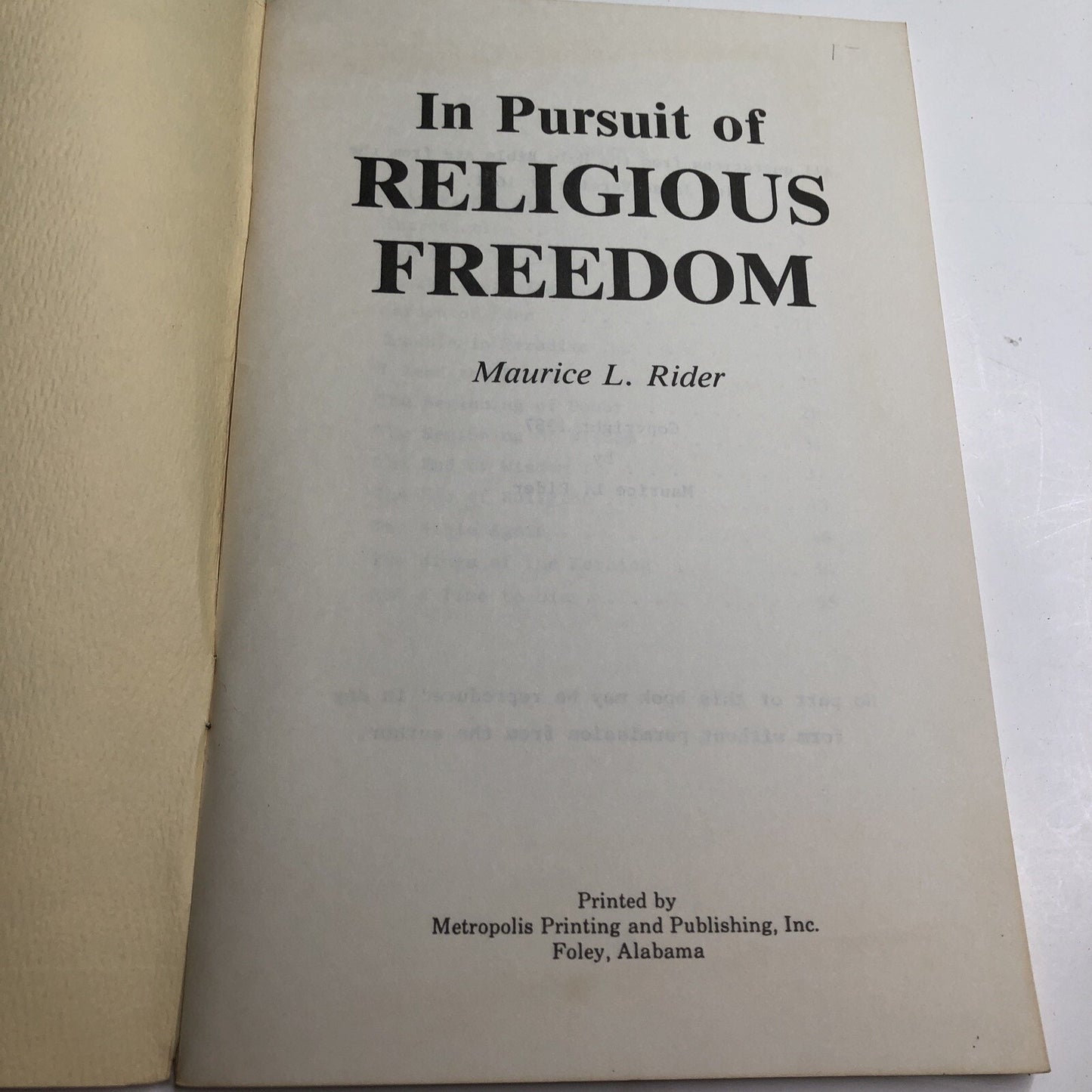 In Pursuit Of Religious Freedom By Maurice L. Rider 1987 Published In Foley AL