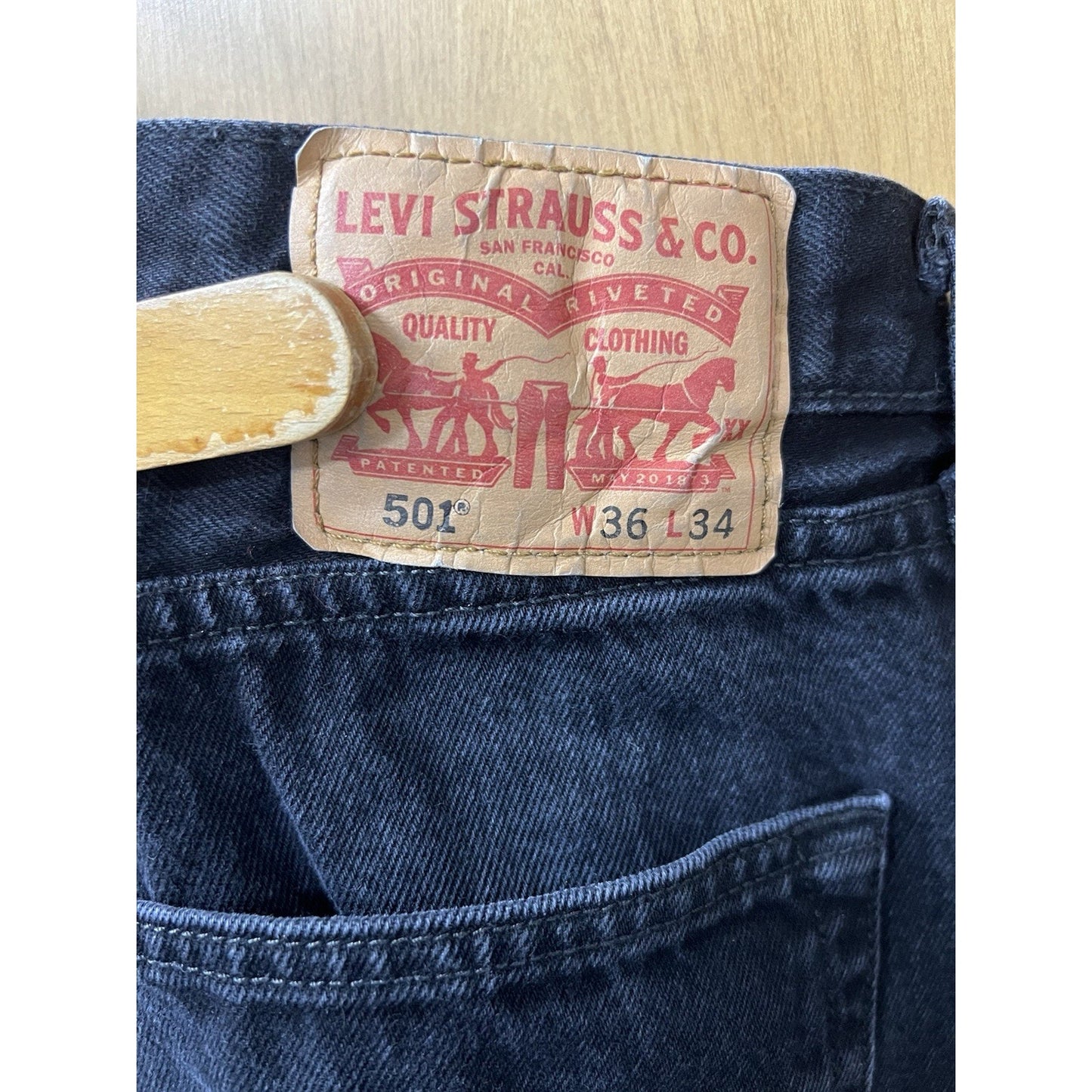 Levis Original 501 Button Fly Straight Leg Black Denim Jeans Mens 36x34
