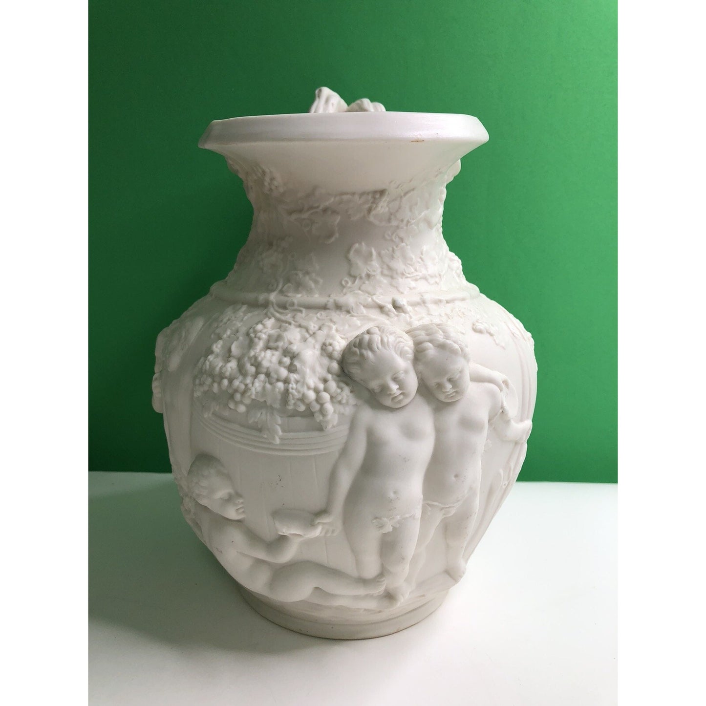 Antique Copeland Parian Ware Pitcher Jug Putti Relief Motif With Grapes Cherubs