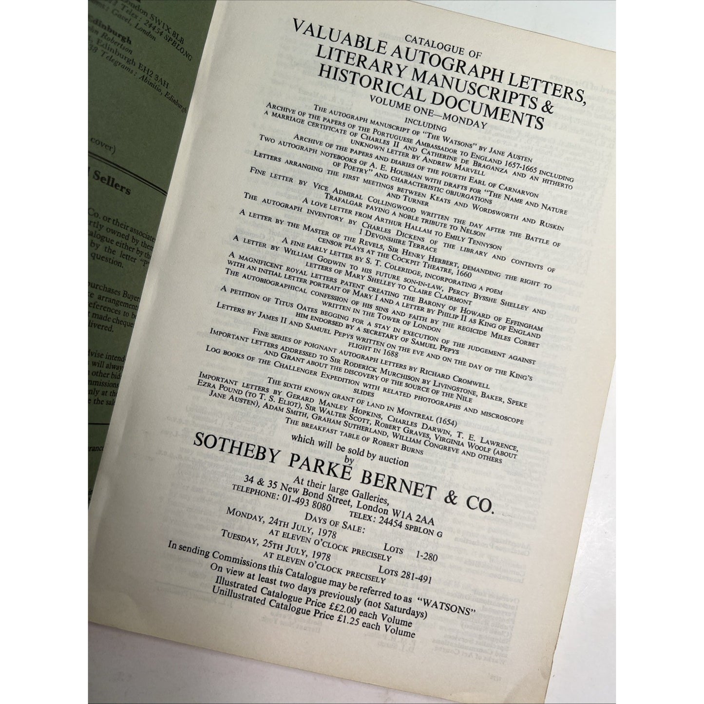 1978 Sotheby's Auction Catalogue of Valuable Autograph Letters Literary Vol 1