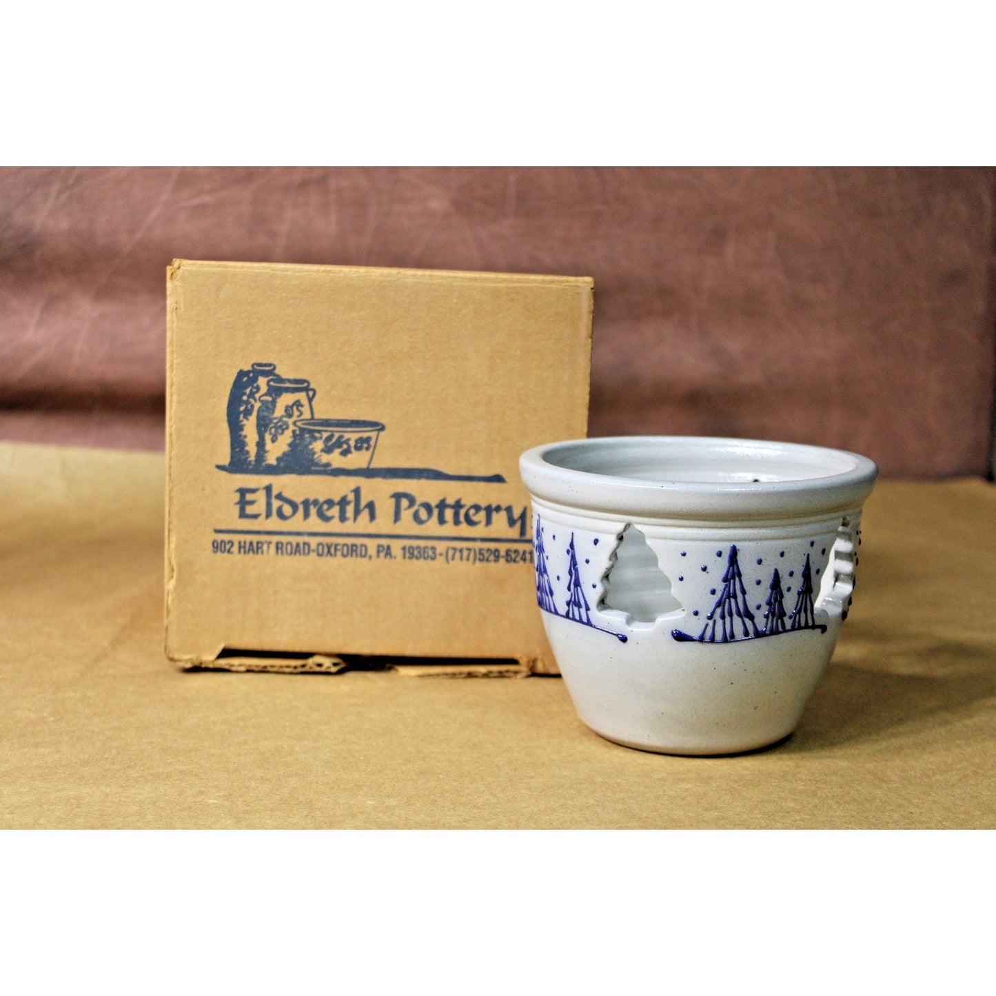 Eldreth Pottery Candle Crock, Holiday, Evergreen Grees, Signed 1999