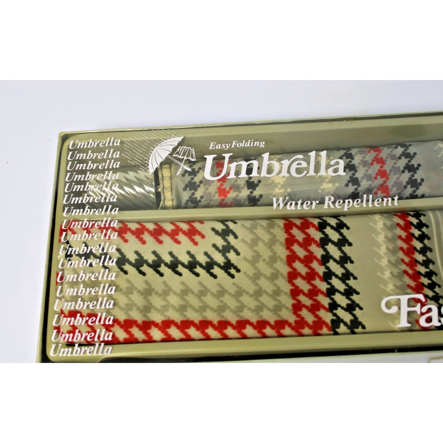 Vintage NOS Umbrella and Fashion Scarf Set, Black White Red Grey Houndstooth