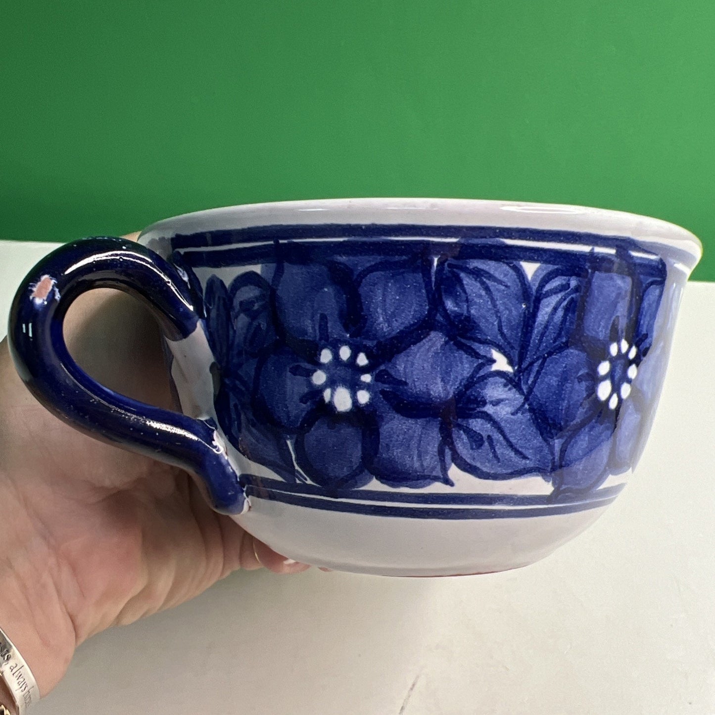Vintage Stoneware Double Handle Blue & White Floral Hand Painted SOUP BOWL