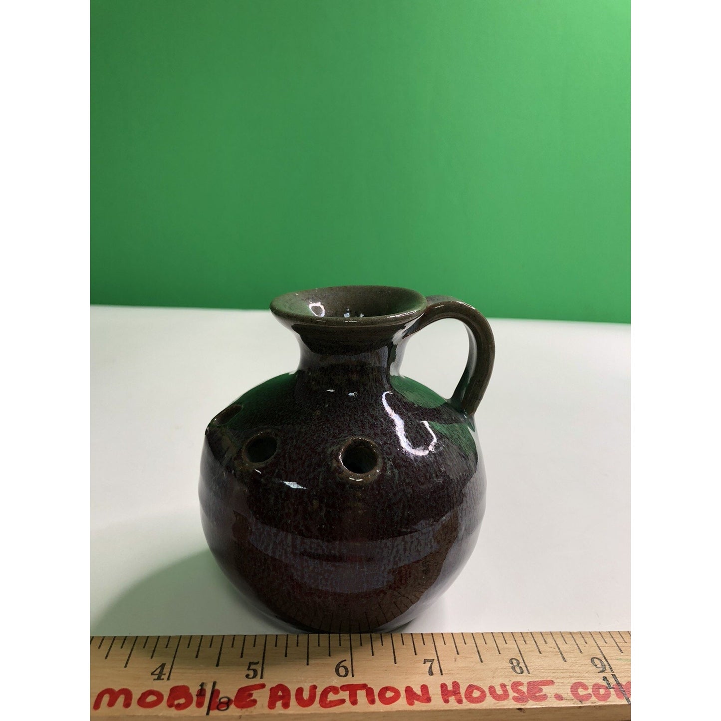 Vintage HAND MADE Studio Art Pottery FLOWER FROG JUG Vase Glazed Holes 4.5” High