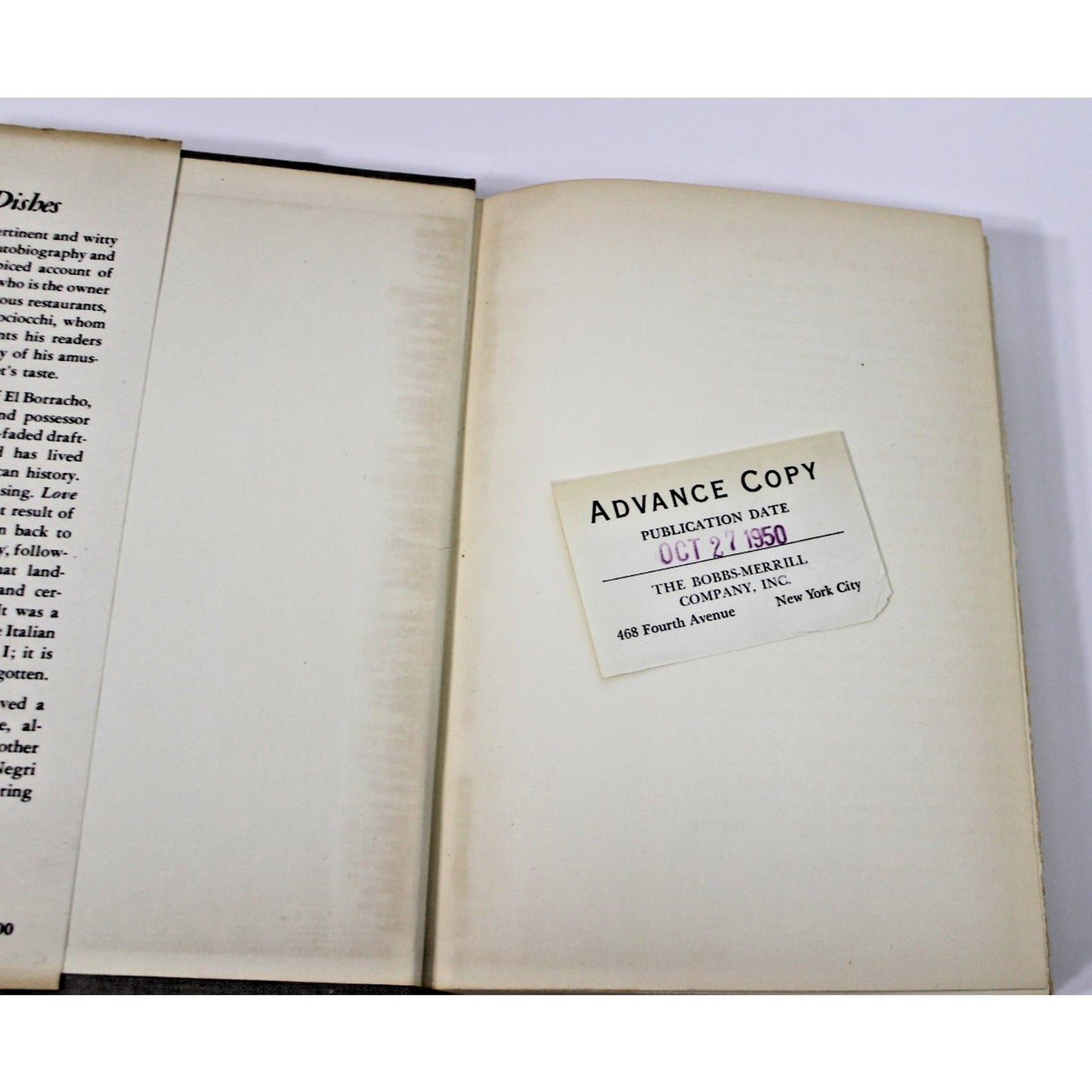 1950 Advance Copy 1st Edition- Love and Dishes by Niccolo De Quattrociocchi