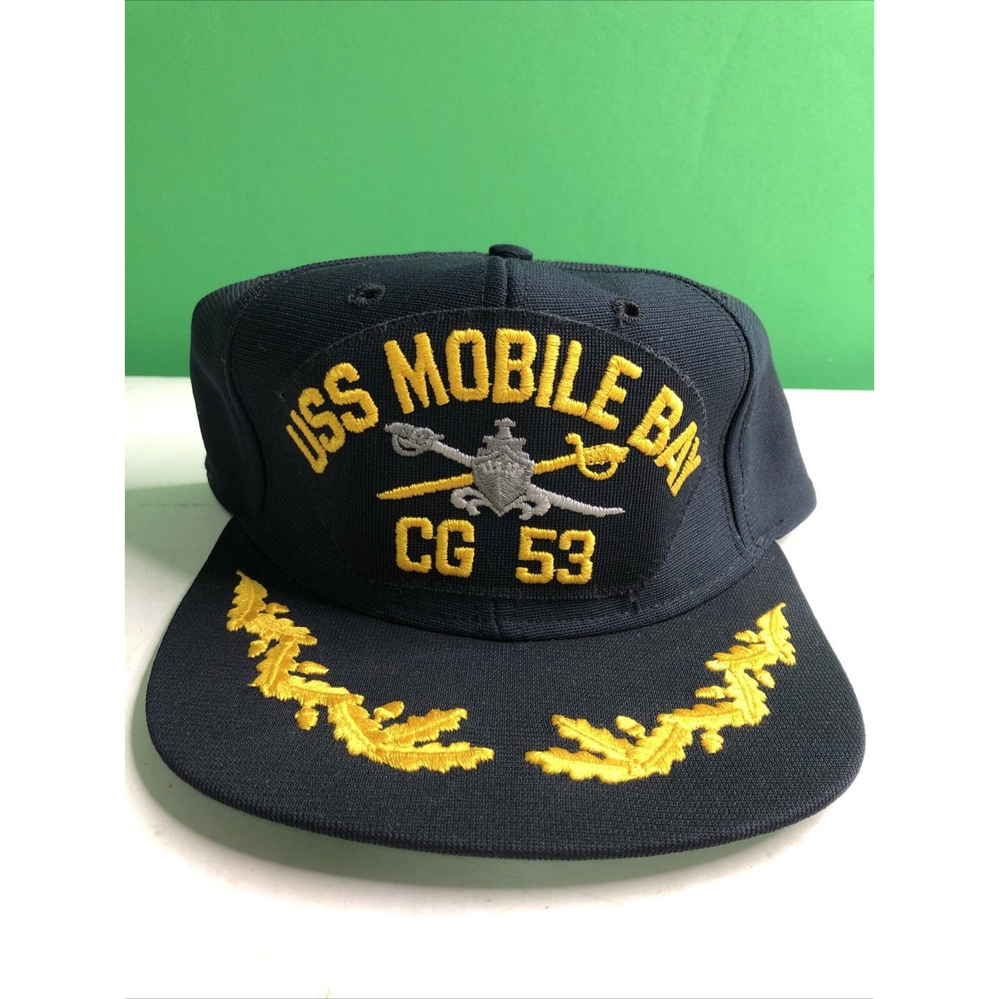 Vintage USS Mobile Bay CG 53 Logo Blue Black Baseball Cap Trucker Hat Snap Back