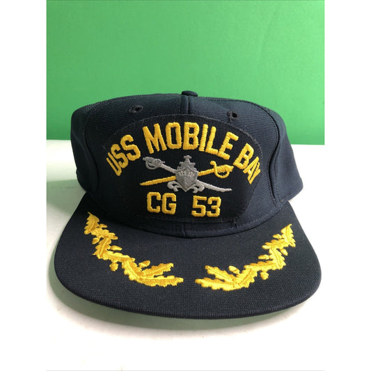 Vintage USS Mobile Bay CG 53 Logo Blue Black Baseball Cap Trucker Hat Snap Back