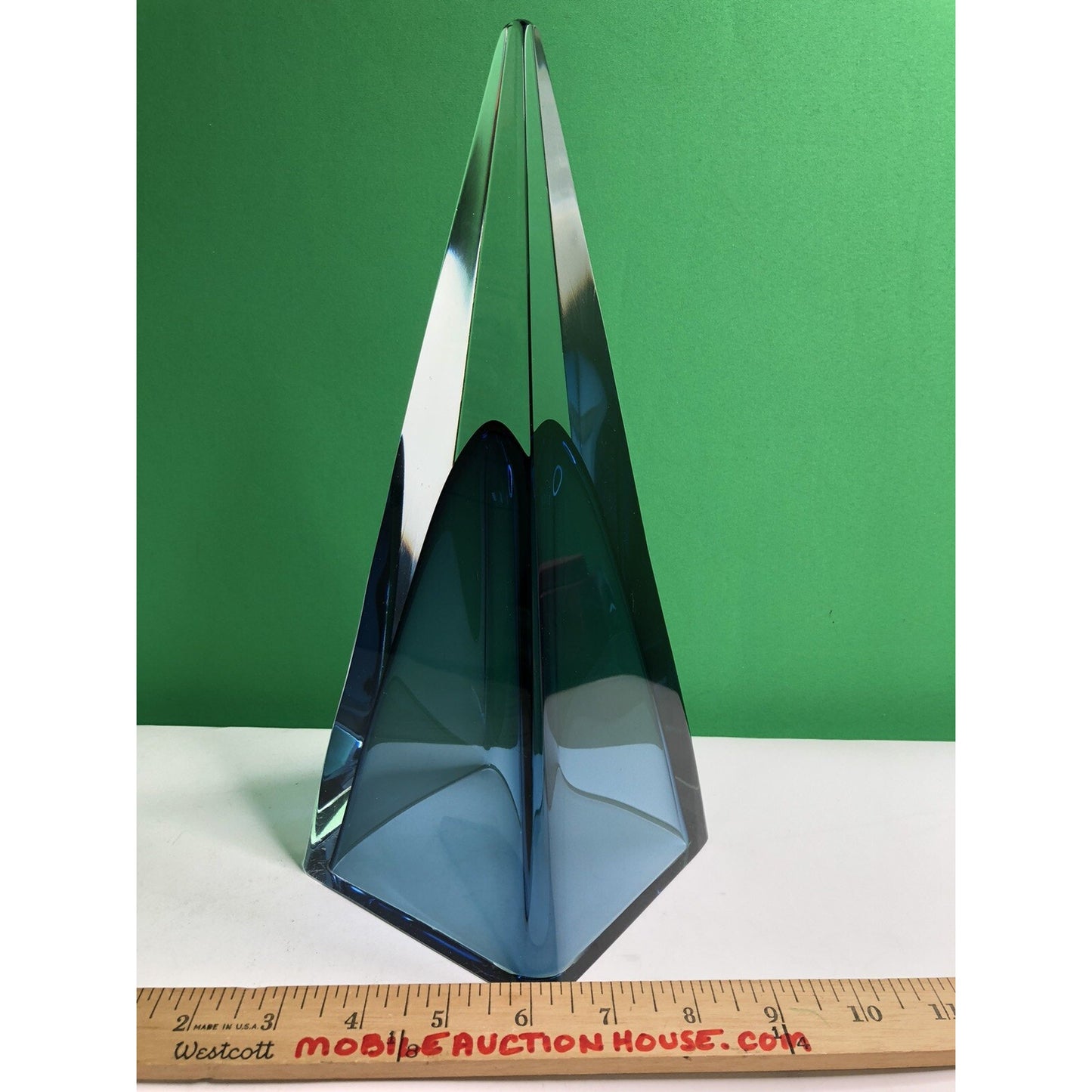 Vintage Cobalt Blue & Clear Crystal Pyramid Glass Triangle 12” High
