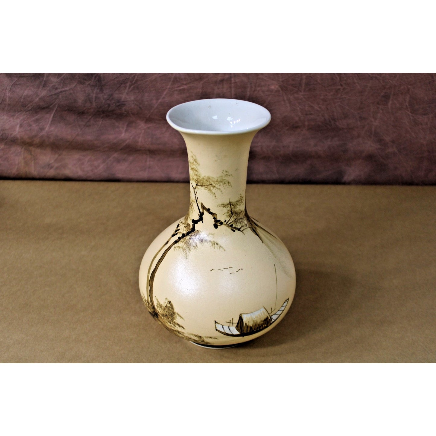 Handpainted Pottery Vase, Tan Brown Asian Theme, "RH" stamp, 11" H