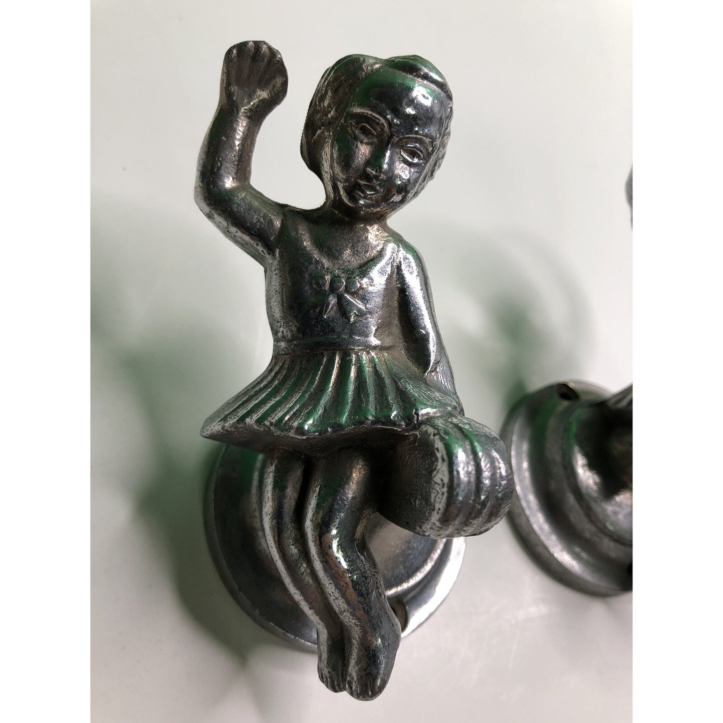 PAIR of Antique Cast Aluminum GIRLS Wall Mount TOWEL ROD HOLDER Kitchen Bath