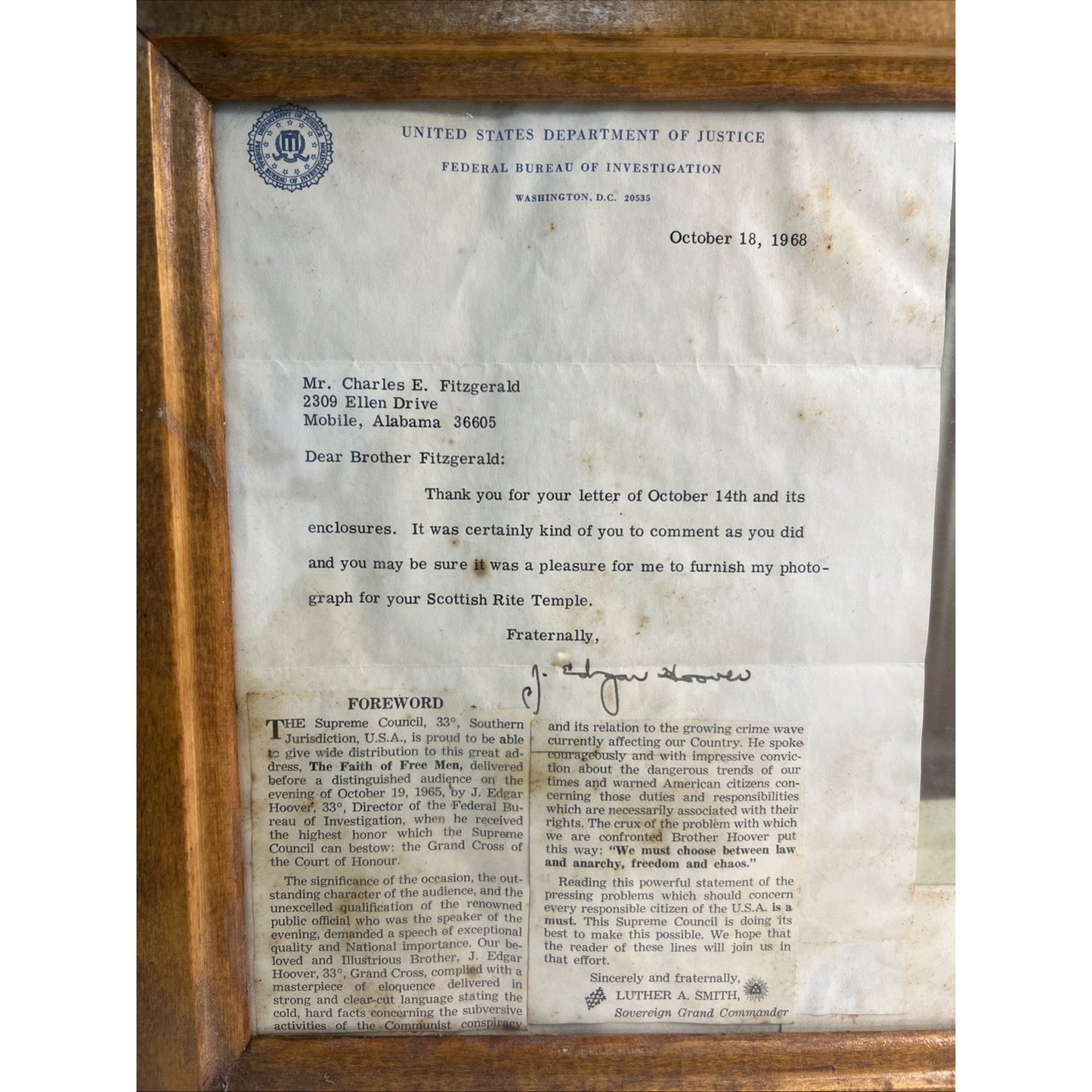 1968 J Edgar Hoover Autographed Photo FBI Director Scottish Rite Mobile Alabama