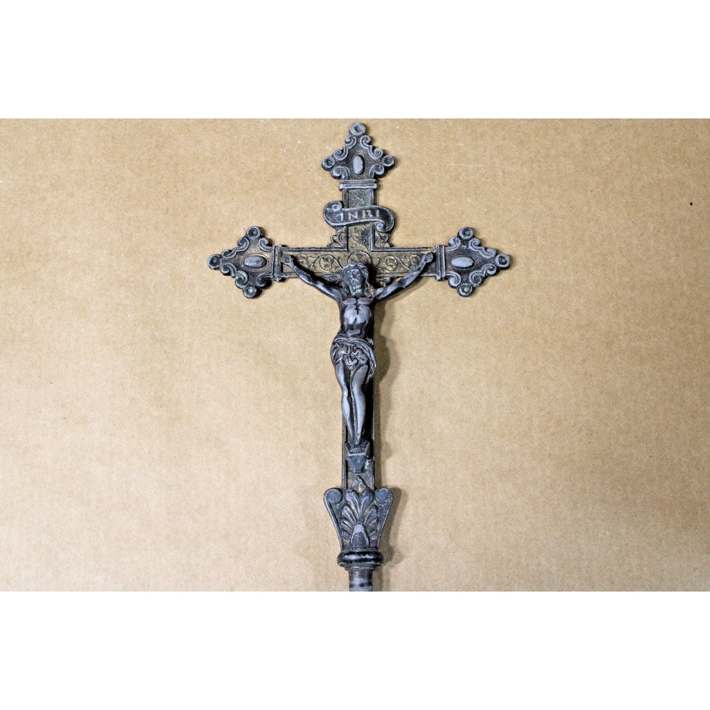 Antique Cast Iron/ Brass Crucifix, Intricately Detailed, 8.5" H Christ on Cross