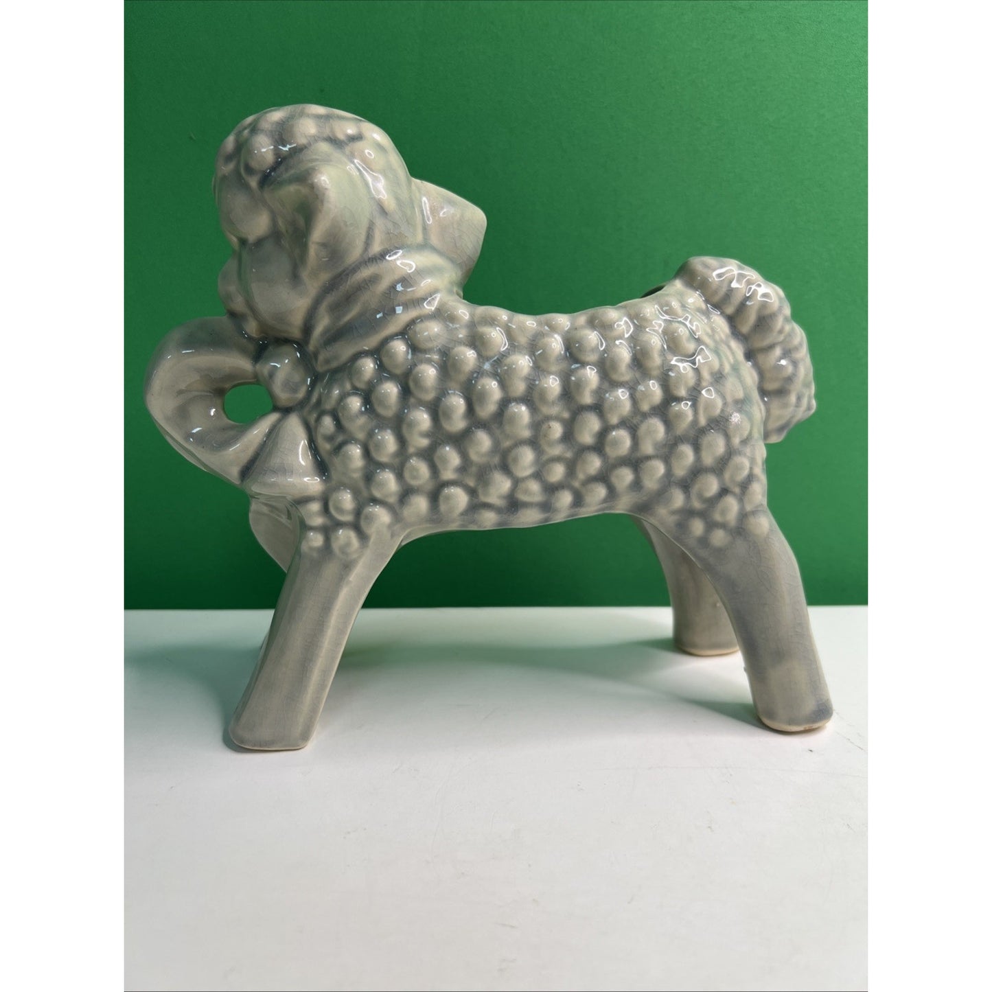 Vintage McCoy Art Pottery Nursery Curly Sheep Lamb With Bow Bells Planter Grey