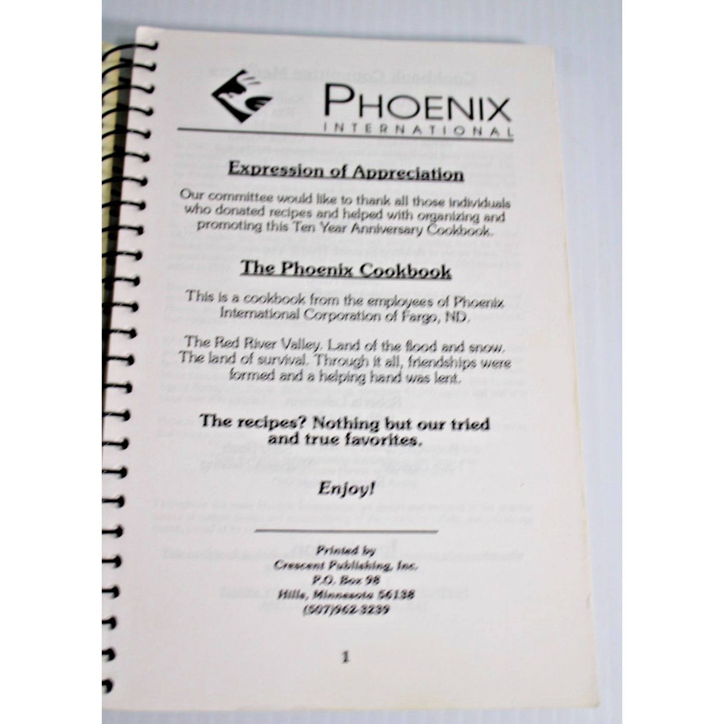 Vintage 1997 Phoenix Cookbook Phoenix International Fargo ND 10 Year Anniversary
