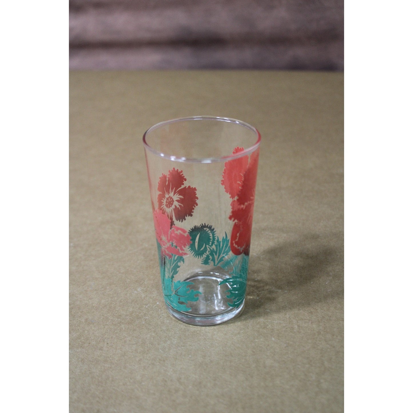 Vintage MCM Federal Glass Juice Cup, Red & Green Ombre Floral, 4.75"H