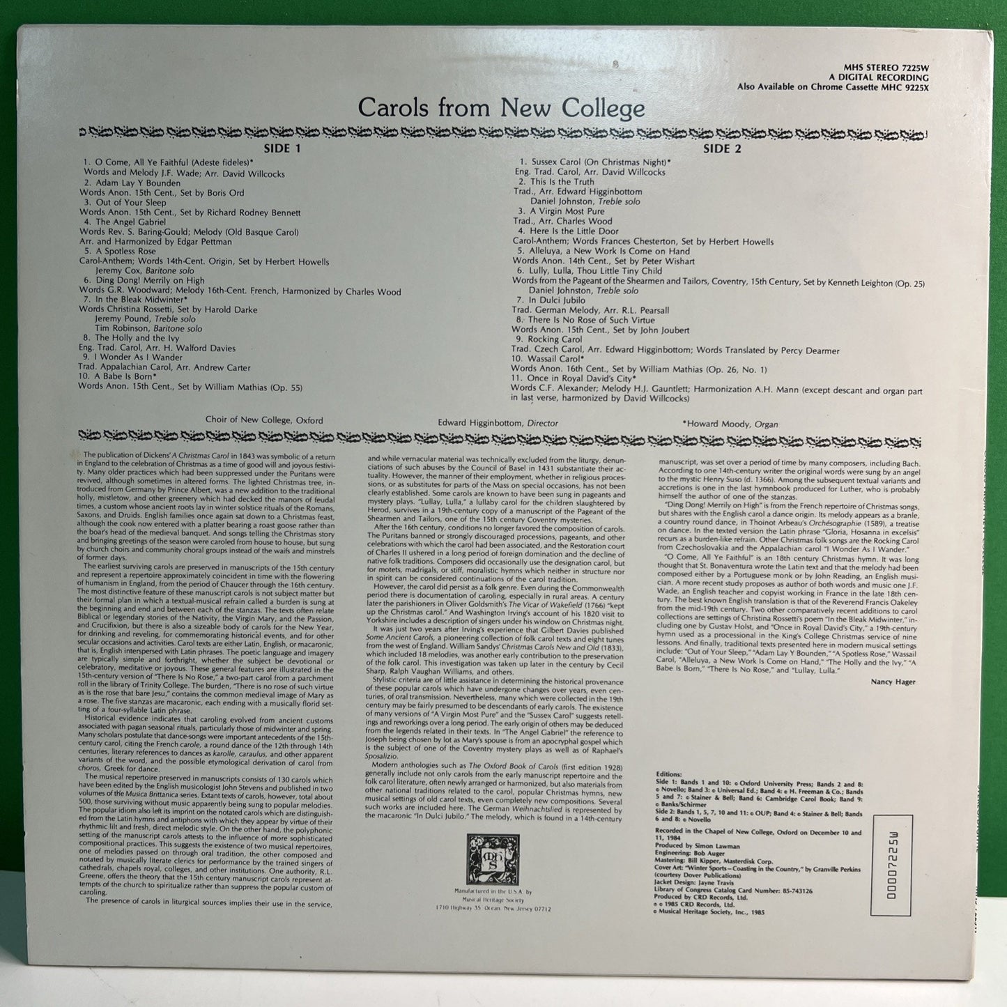 MHS 7225W Carols From New College Choir Oxford 1985 LP Record Vinyl