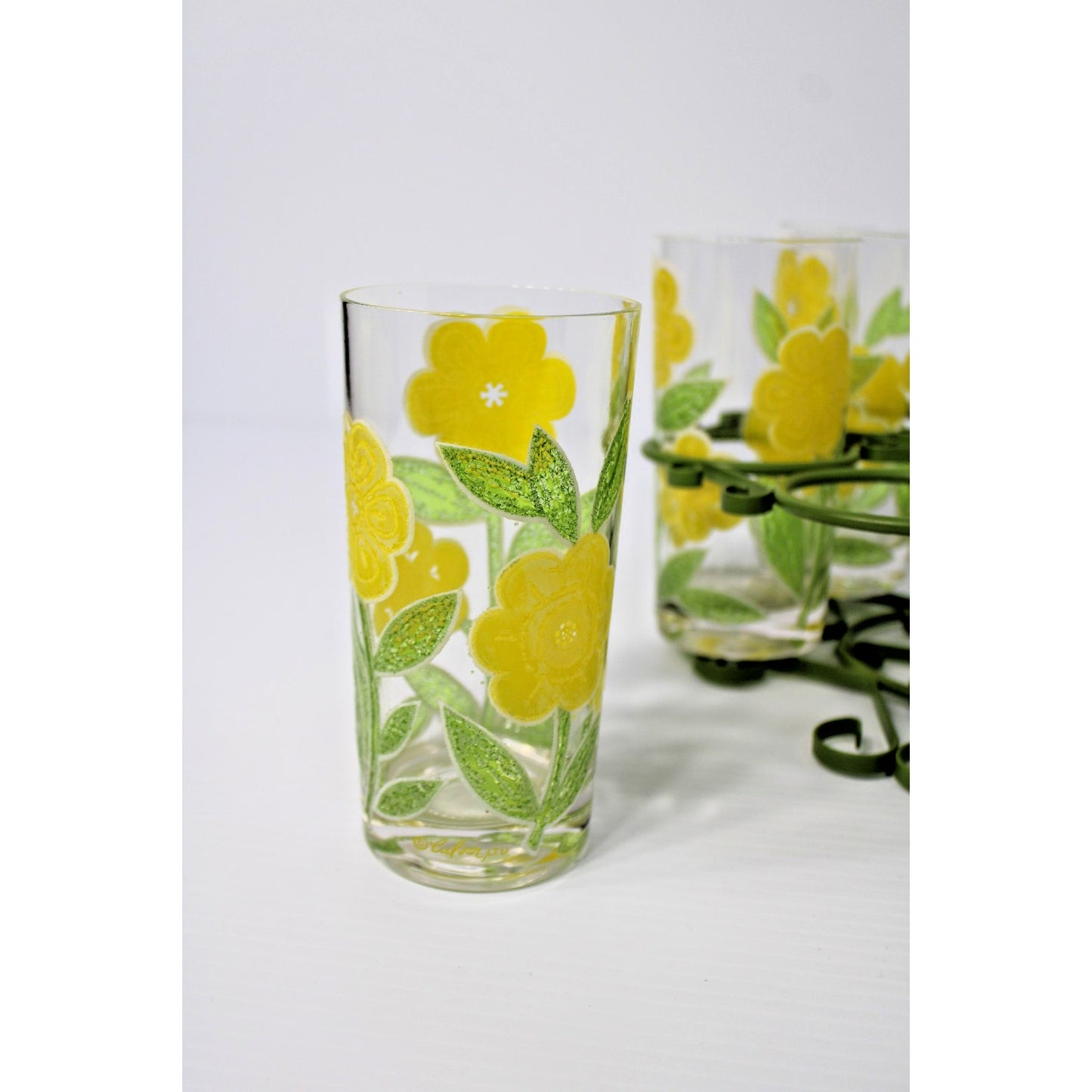 Vtg Mod Flower Culver HighBall Set 6 Tumblers Retro Caddy Glasses Iced Tea 12 oz