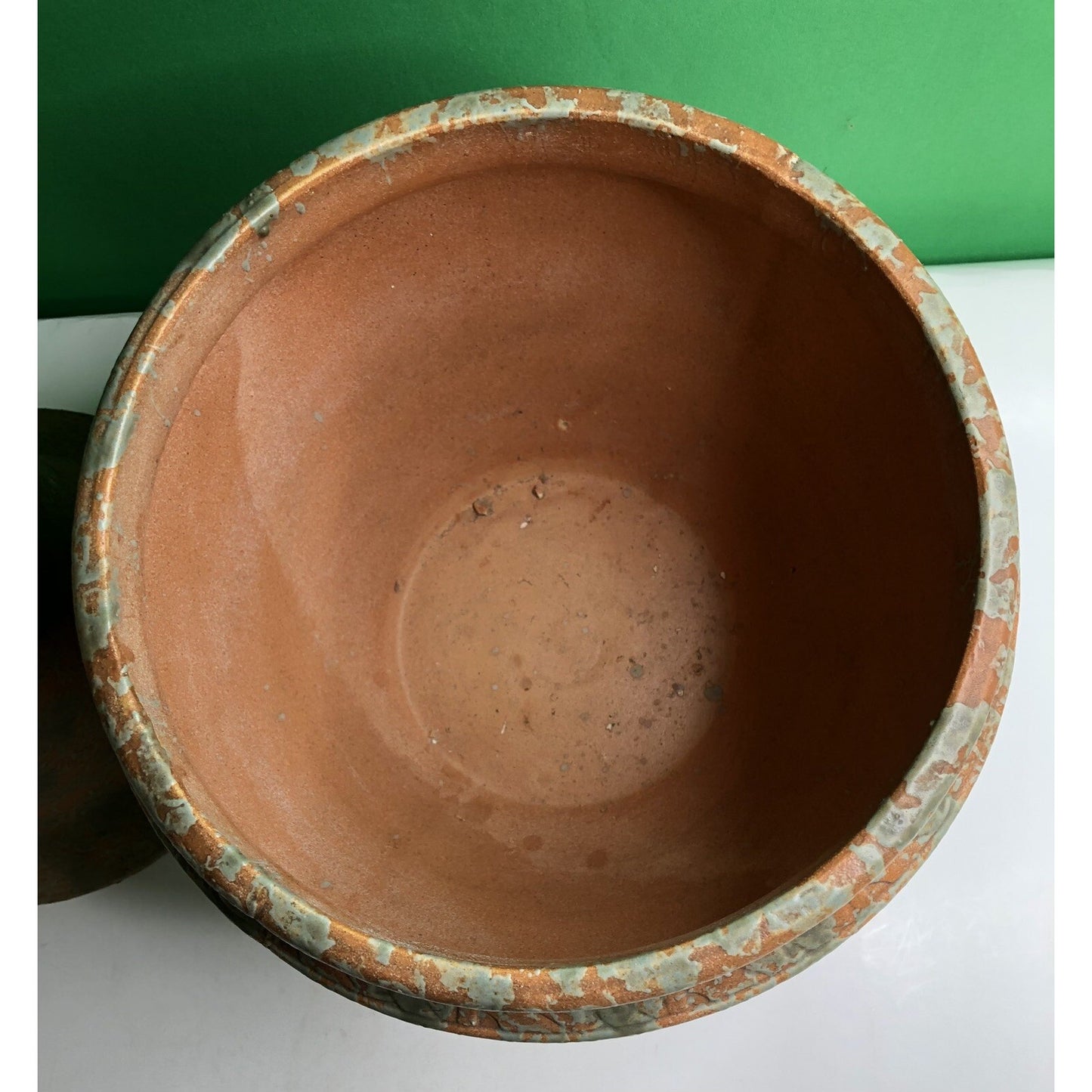Vintage Burley Winter Large Jardiniere With Pedestal Mottled Orange & Green