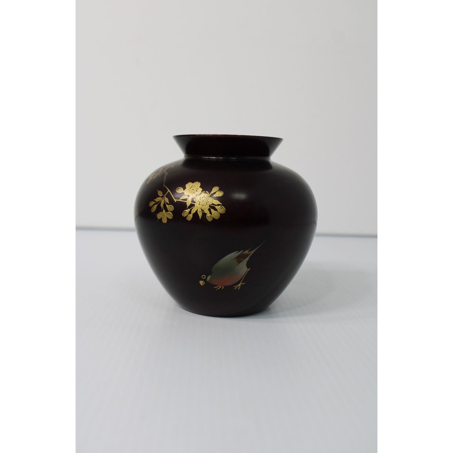 Vintage Japanese Bronzed Pottery Vase, Gilt Robin/ Bird Cherry Blossom Branch