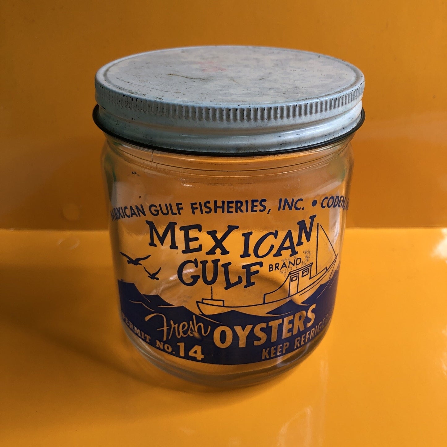 Rare Mexican Gulf Fisheries Pint Oyster Jar & Lid Coden Alabama ALA AL