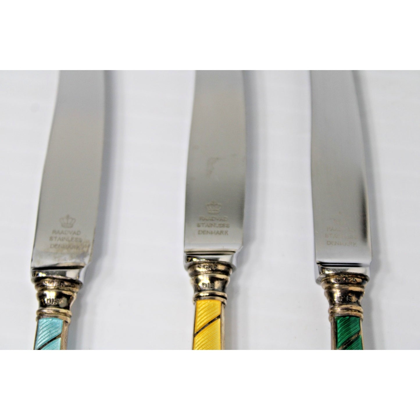 Sterling Silver Enamel Knives, Raadvad Denmark Boxed Set of 6 Art Deco Fruit Set