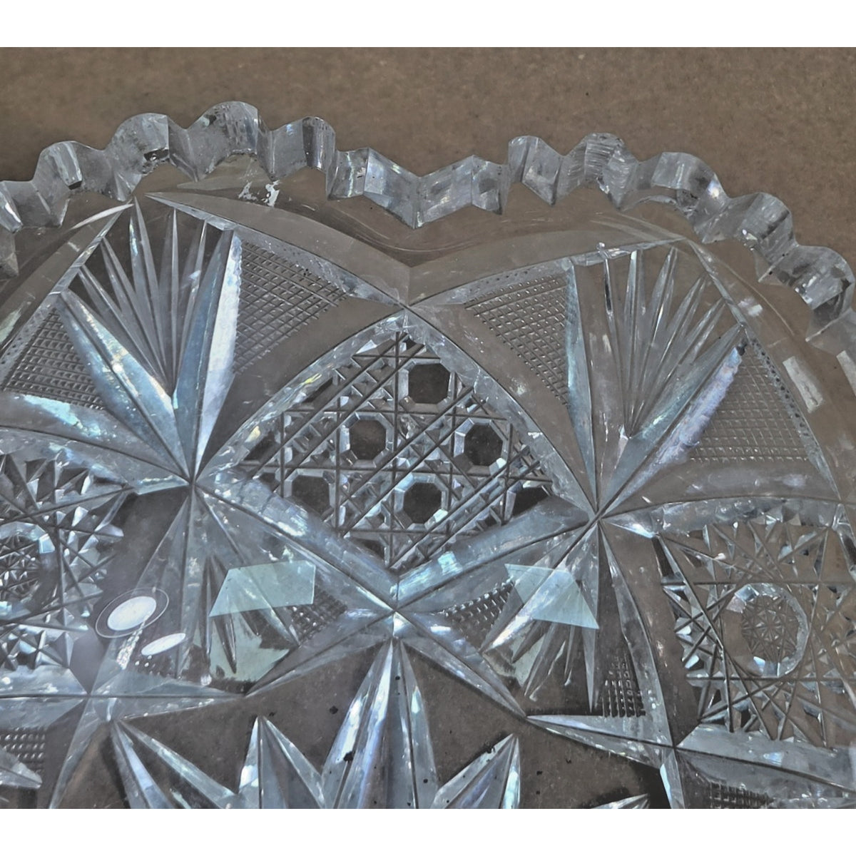 Vintage ABP Style Cut Crystal Bowl - 8" Hobstar & Pinwheel Scalloped Rim