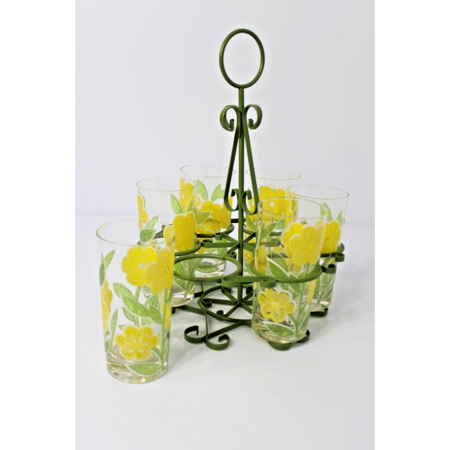 Vtg Mod Flower Culver HighBall Set 6 Tumblers Retro Caddy Glasses Iced Tea 12 oz