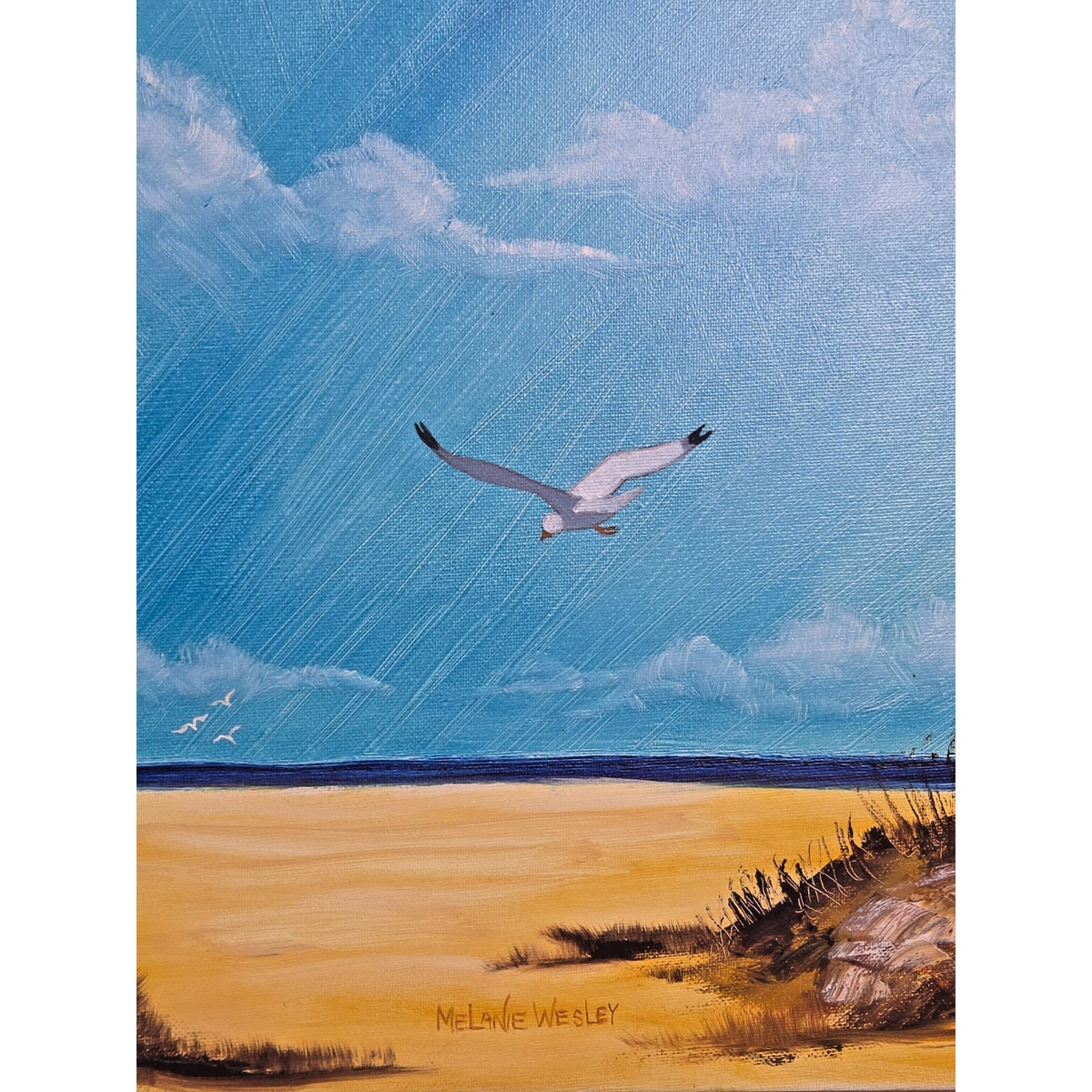 Vintage 1974 Melanie Wesley Signed Coastal Impasto Painting - Rustic Bark Frame