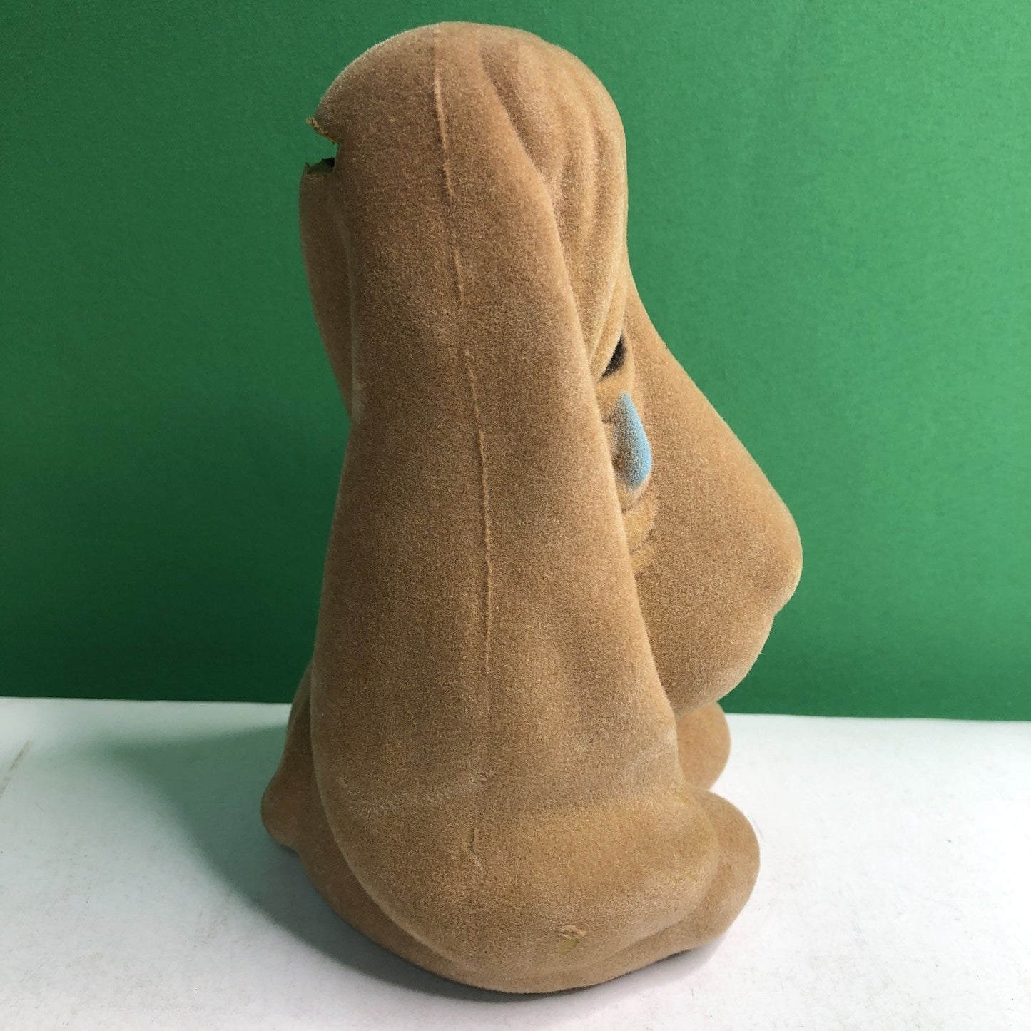 Vintage Tan Flocked Basset Hound Sad Dog With Teardrop Plastic Coin Bank 1970’s