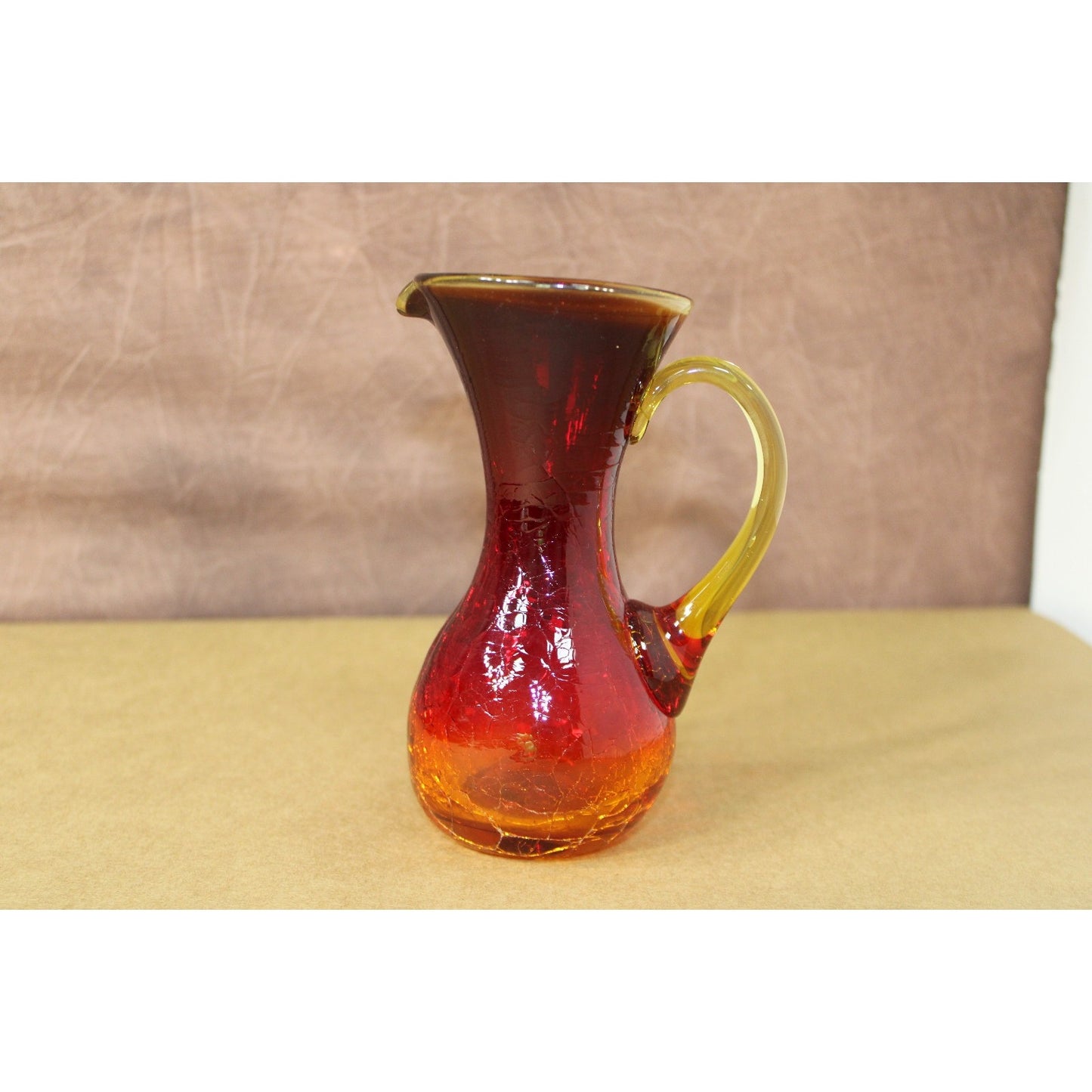 Vintage Kanawha Crackle Glass Small Pitcher Amberina Red to Orange Ombre 6.5"