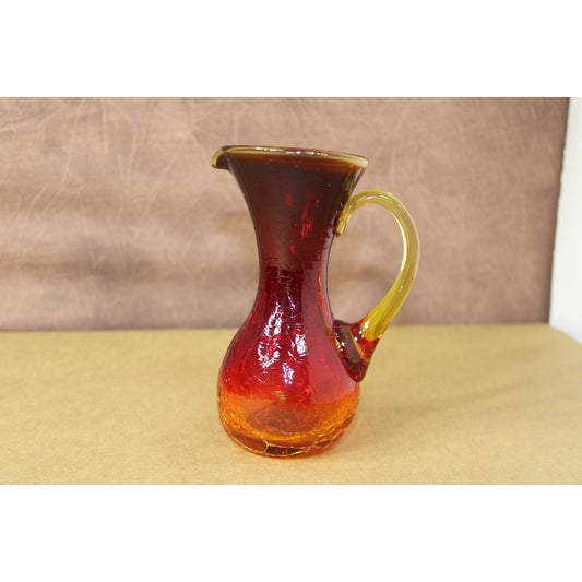 Vintage Kanawha Crackle Glass Small Pitcher Amberina Red to Orange Ombre 6.5"